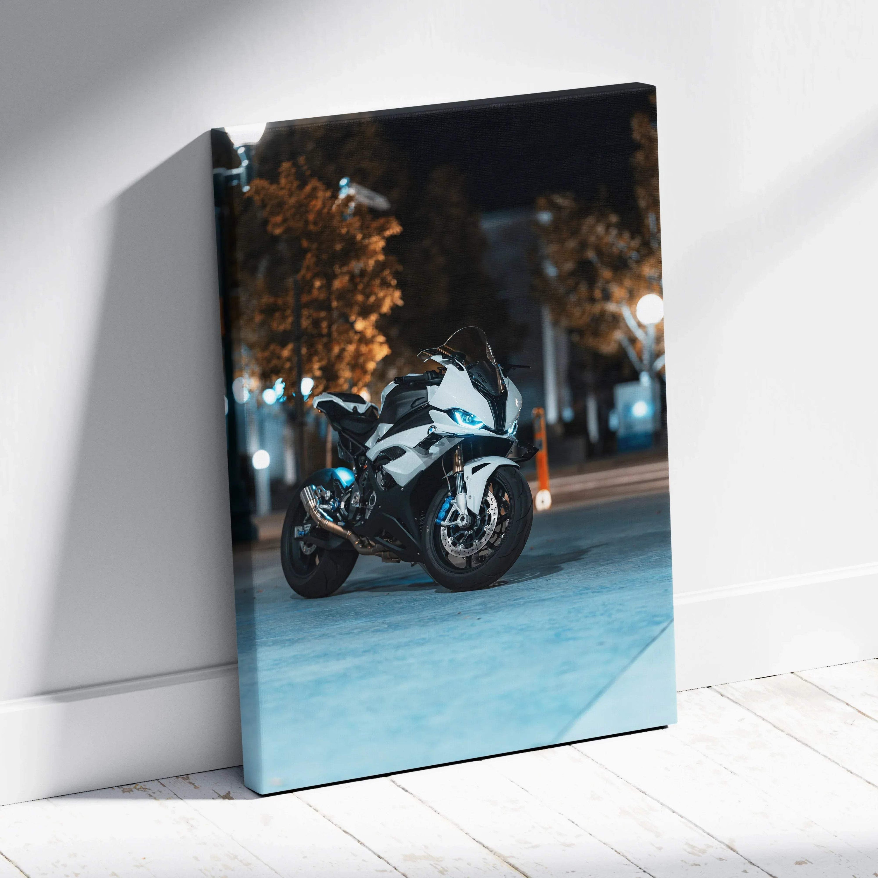 BMW S1000RR motorcycle at night on vertical canvas wall art with museum-quality print.