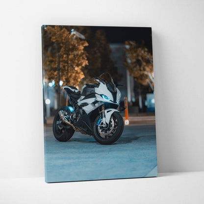 BMW S1000RR motorcycle detailed in high-resolution vertical canvas wall art with nighttime urban background.