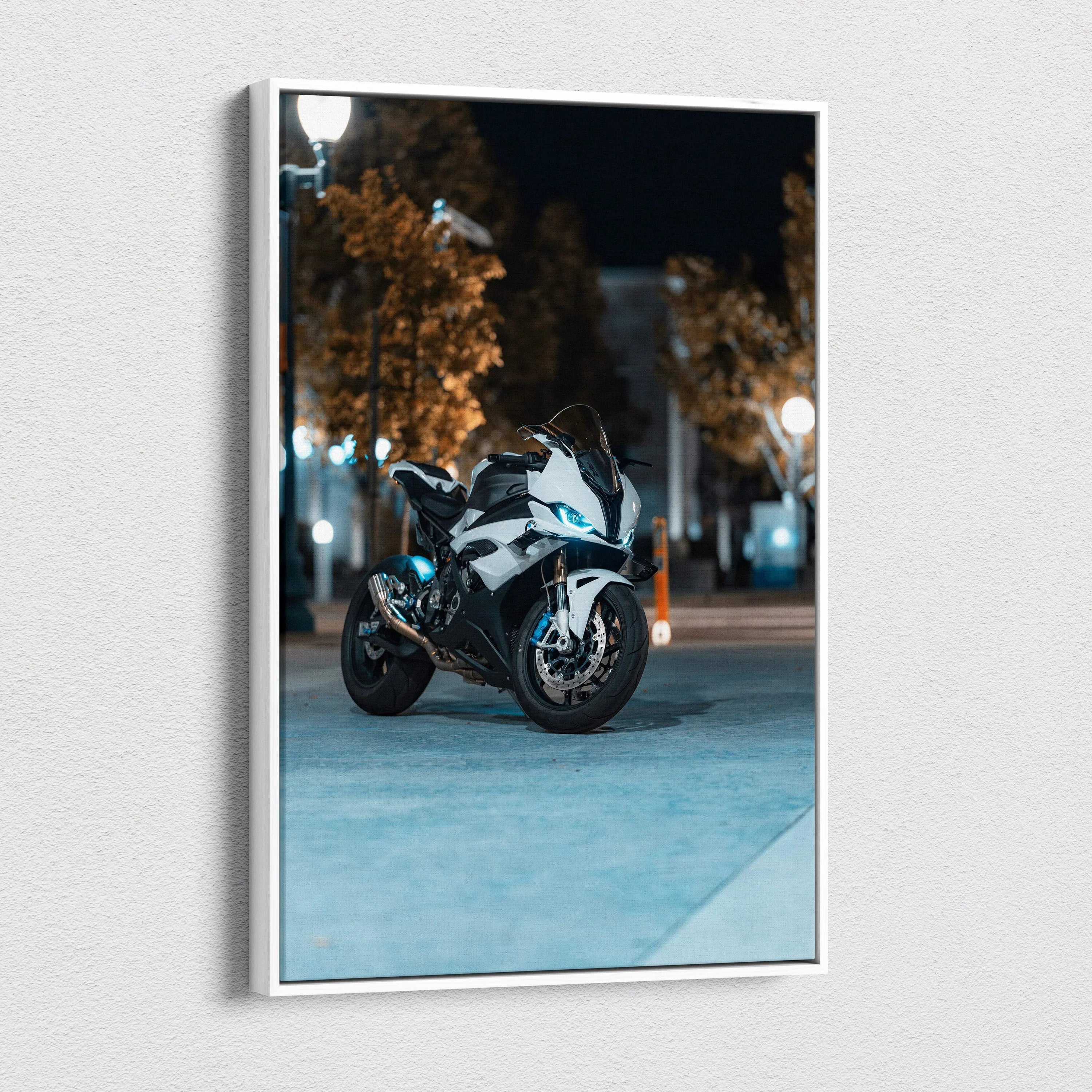 BMW S1000RR motorcycle canvas art with night city lights, vertical museum quality wall art.