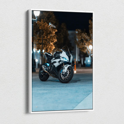 BMW S1000RR motorcycle canvas art with night city lights, vertical museum quality wall art.