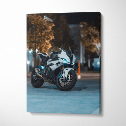 Vertical canvas art of BMW S1000RR sport motorcycle parked on city street at night.