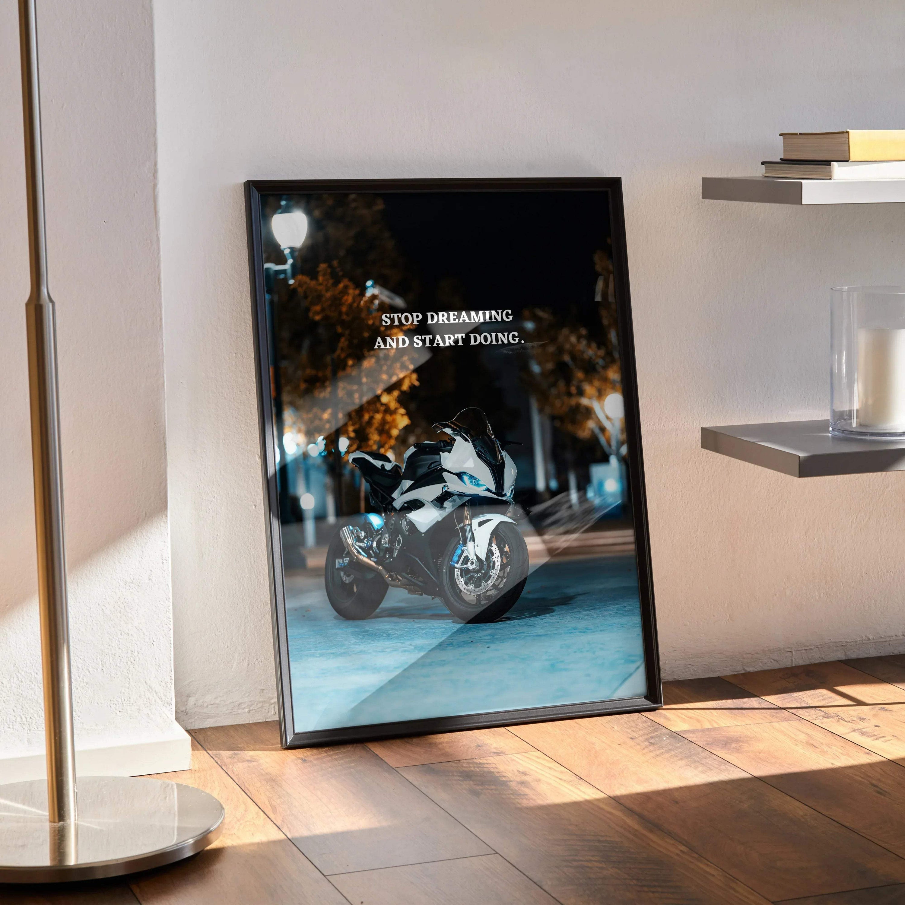 BMW S1000RR motorcycle poster with motivational text, sleek dark wall art design.