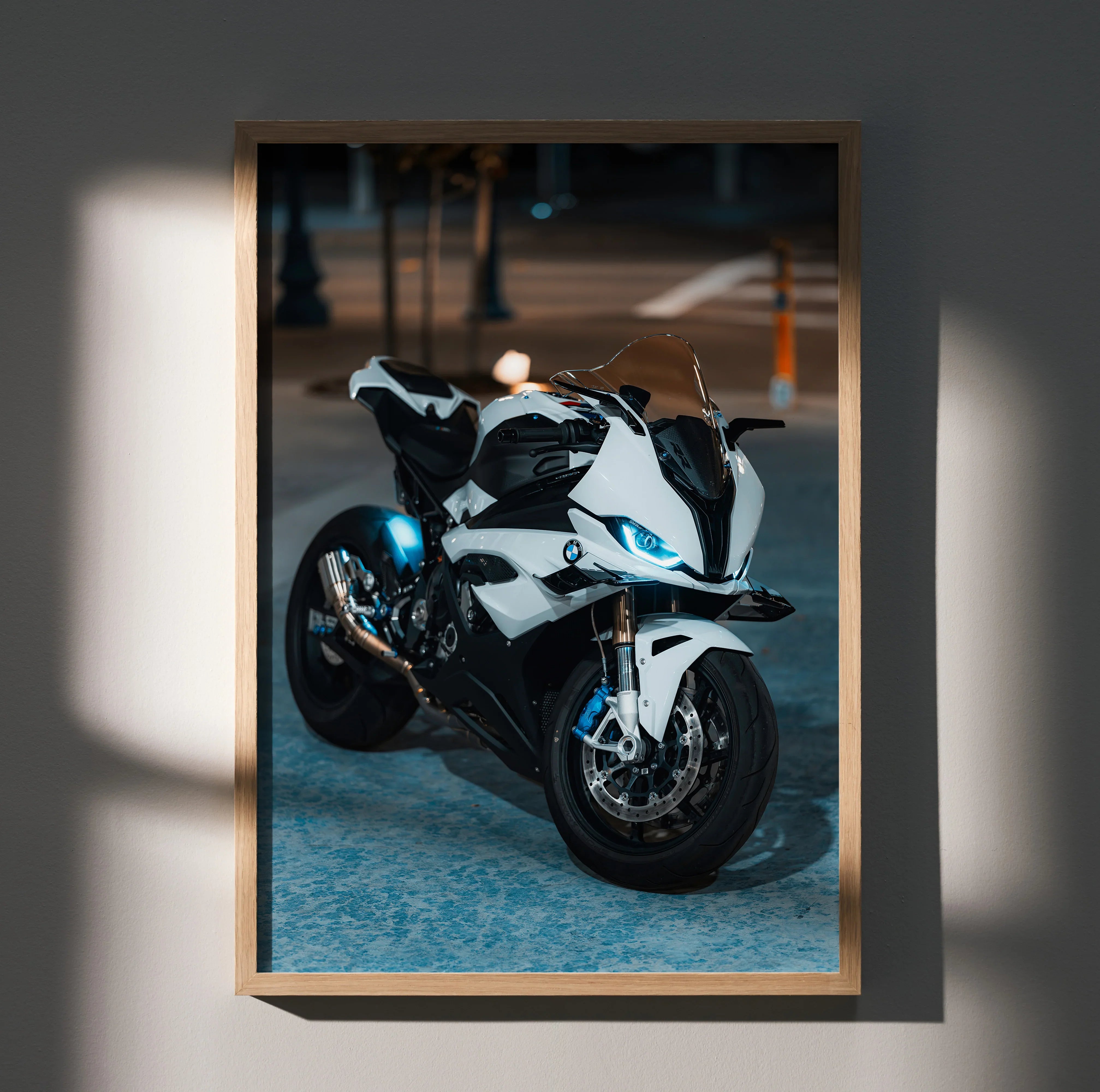 BMW S1000RR motorcycle poster in black and white, sleek wall art with dynamic lighting and shadow effects.