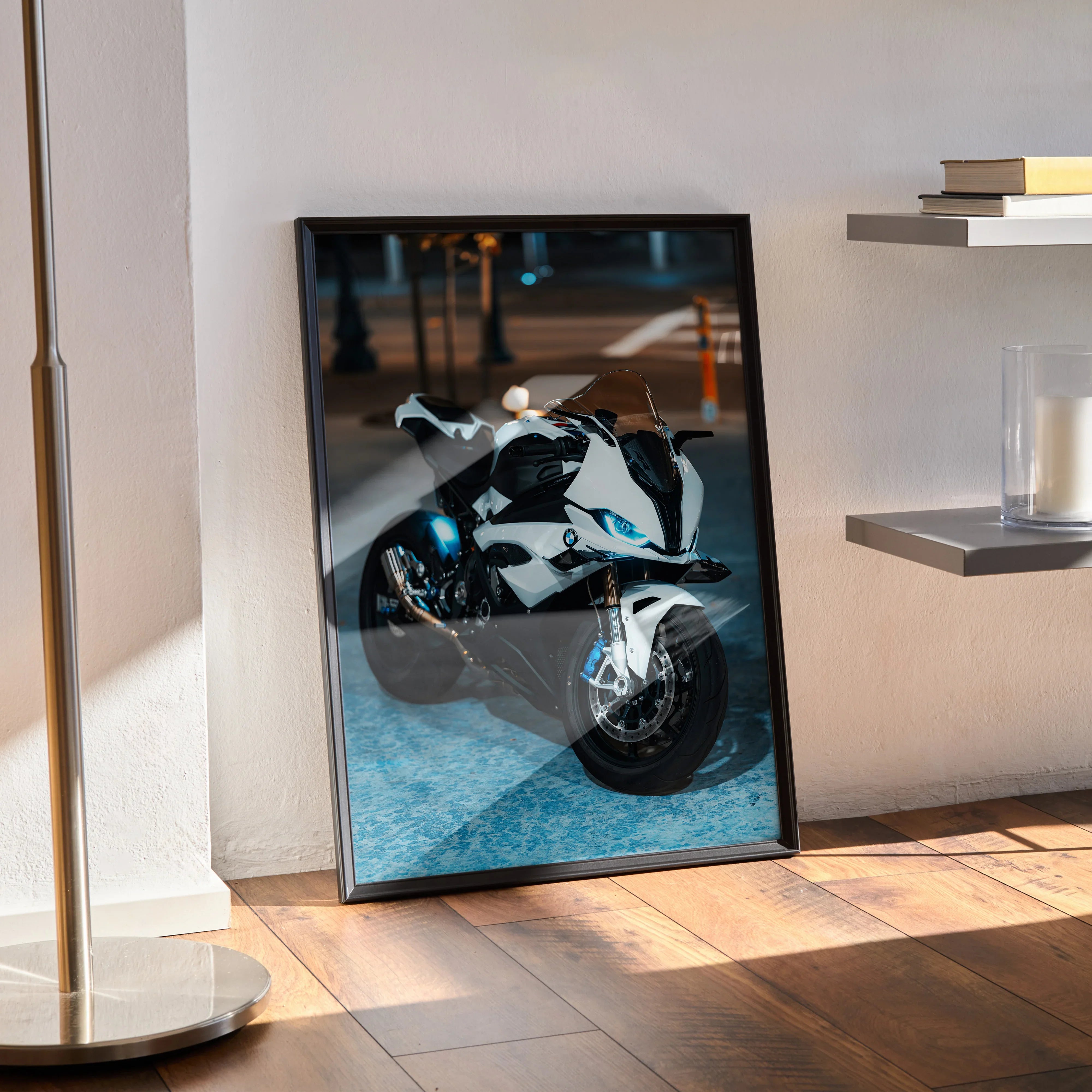 BMW S1000RR motorcycle poster with sleek black and white bike design, modern wall art in black frame.