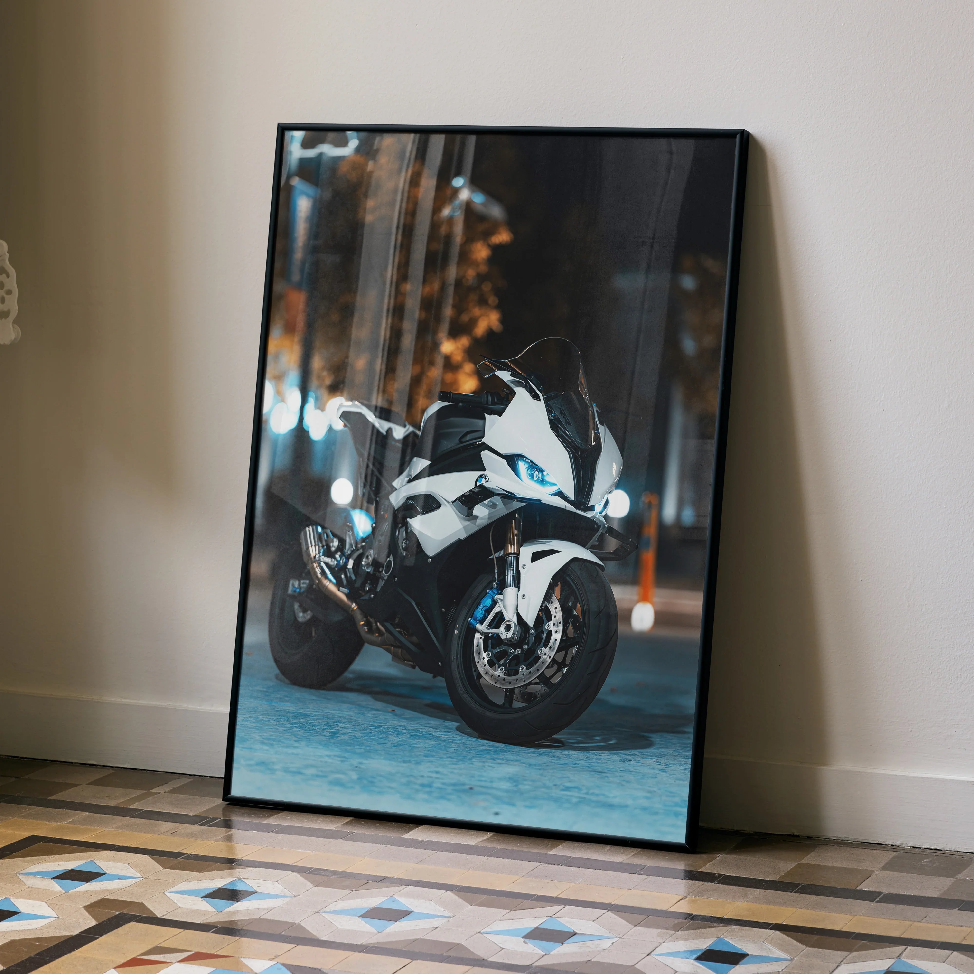 BMW S1000RR motorcycle poster with sleek white and black design, modern wall art print.