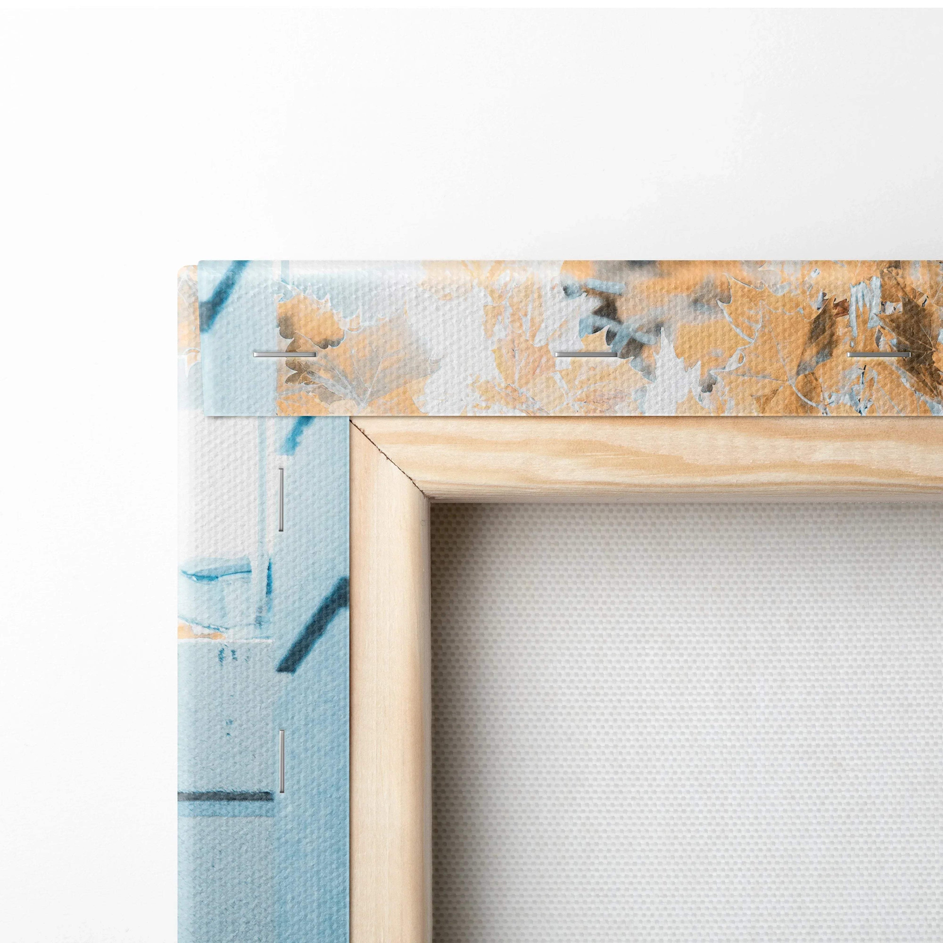 Close-up of beige wooden frame and detailed canvas texture with blue and orange abstract art, vertical canvas wall art.