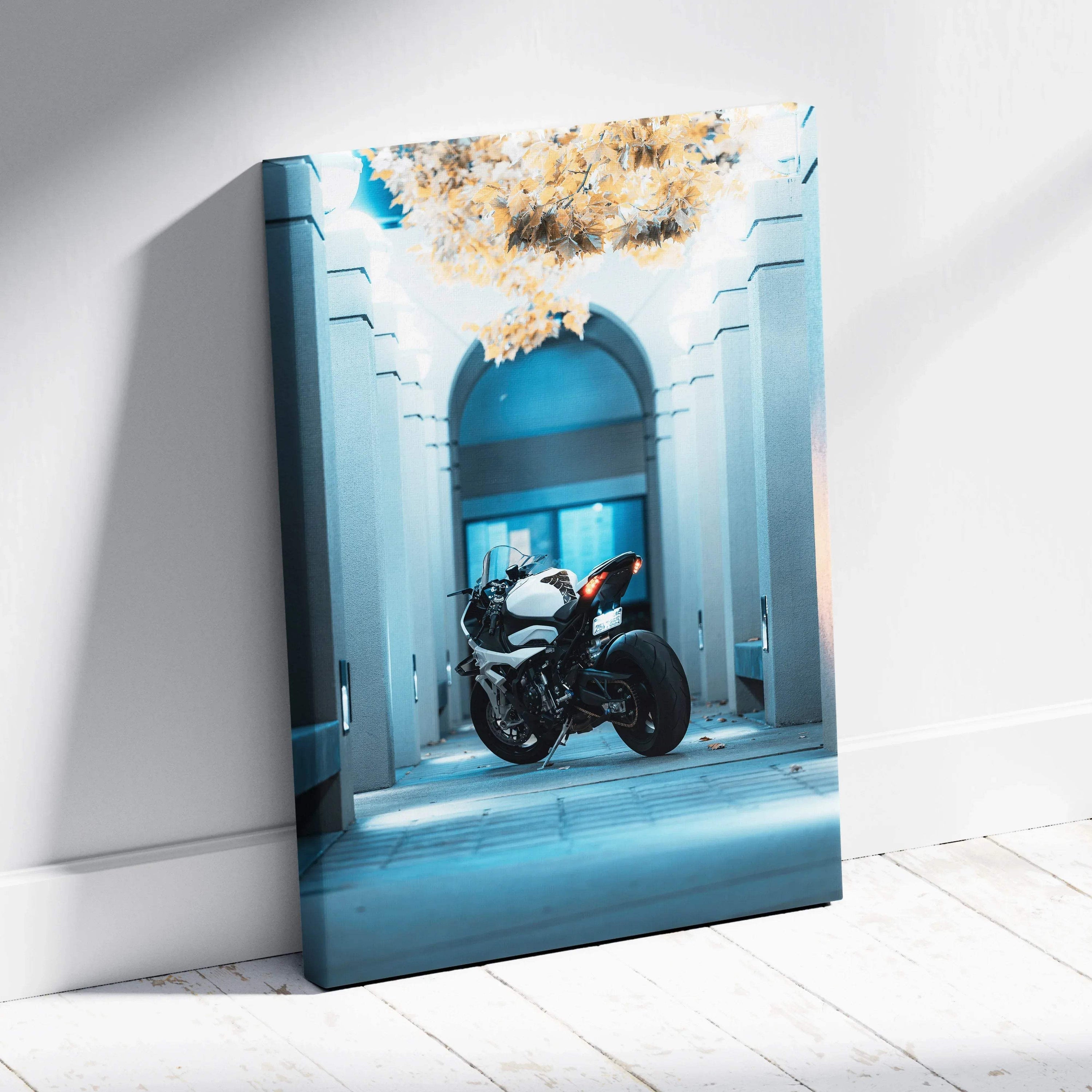 BMW S1000RR motorcycle vertical canvas art with architectural background and soft natural light wall art.