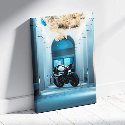 BMW S1000RR motorcycle vertical canvas art with architectural background and soft natural light wall art.