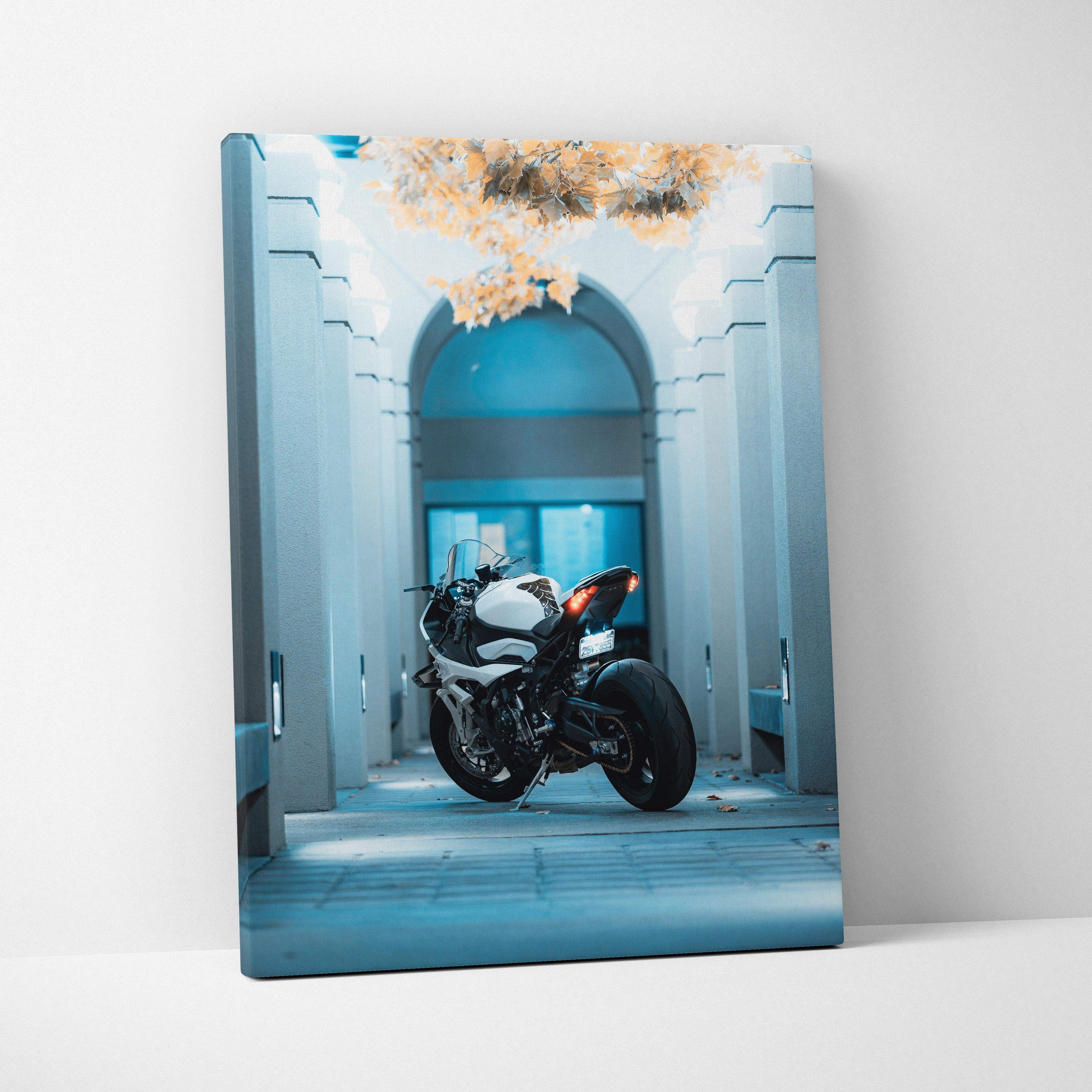 BMW S1000RR motorcycle canvas art with high-resolution vertical wall art in cool blue tones.