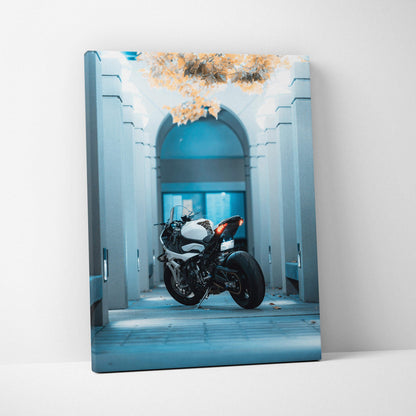 BMW S1000RR motorcycle canvas art with high-resolution vertical wall art in cool blue tones.