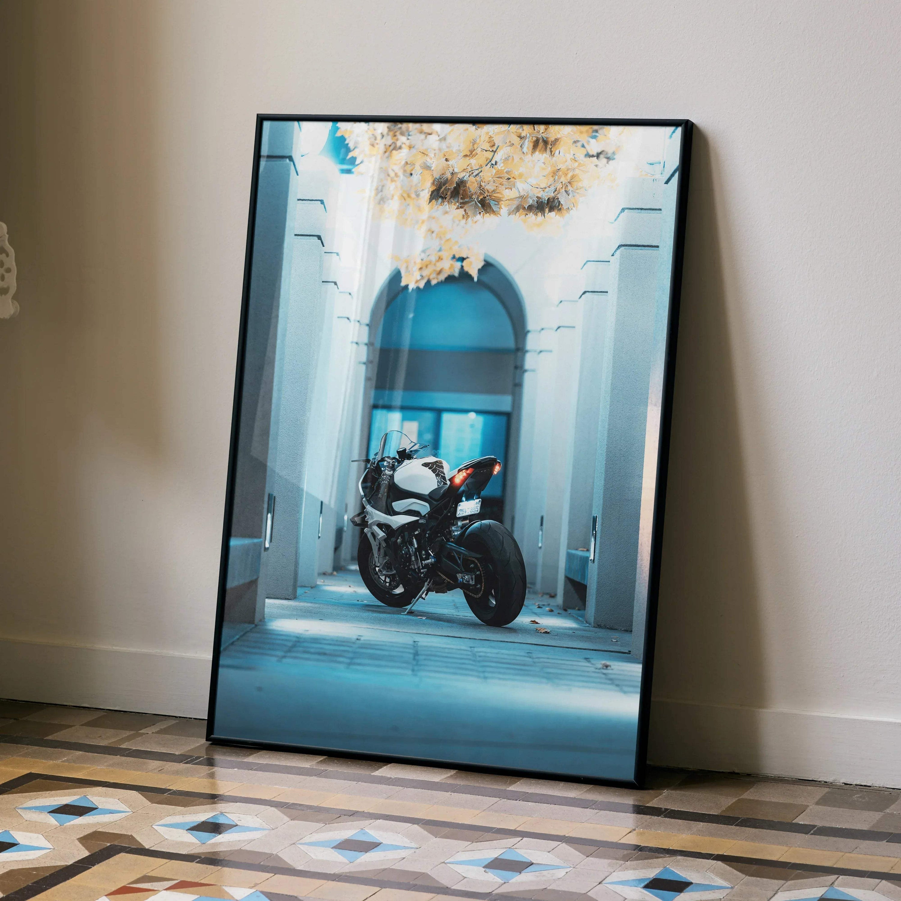 BMW S1000RR motorcycle poster wall art with urban archway background in black frame.