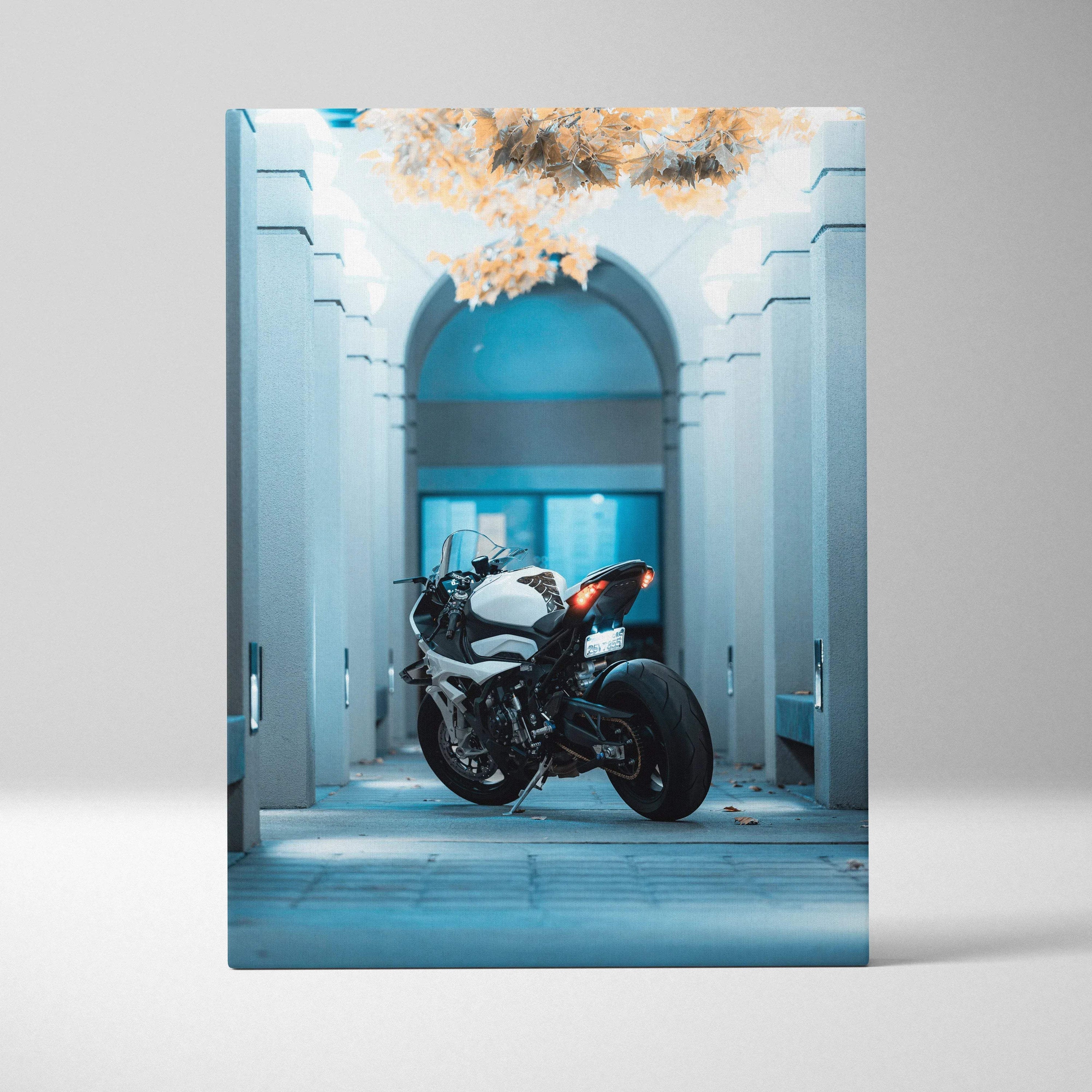 BMW S1000RR motorcycle vertical canvas art with architectural archway background.