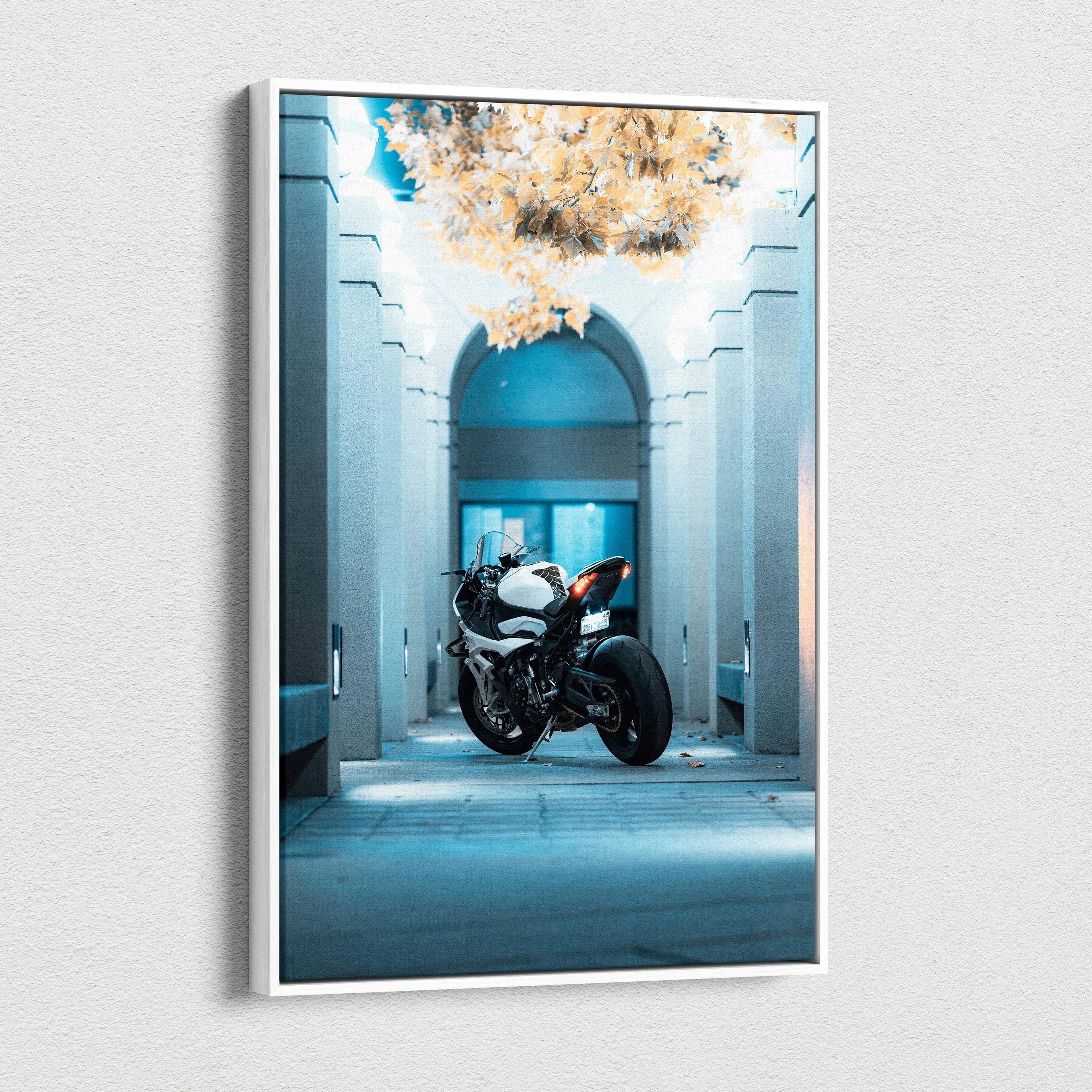 BMW S1000RR motorcycle in futuristic archway at night vertical canvas wall art.