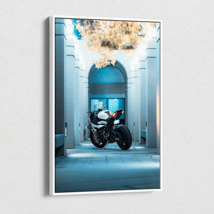 BMW S1000RR motorcycle in futuristic archway at night vertical canvas wall art.