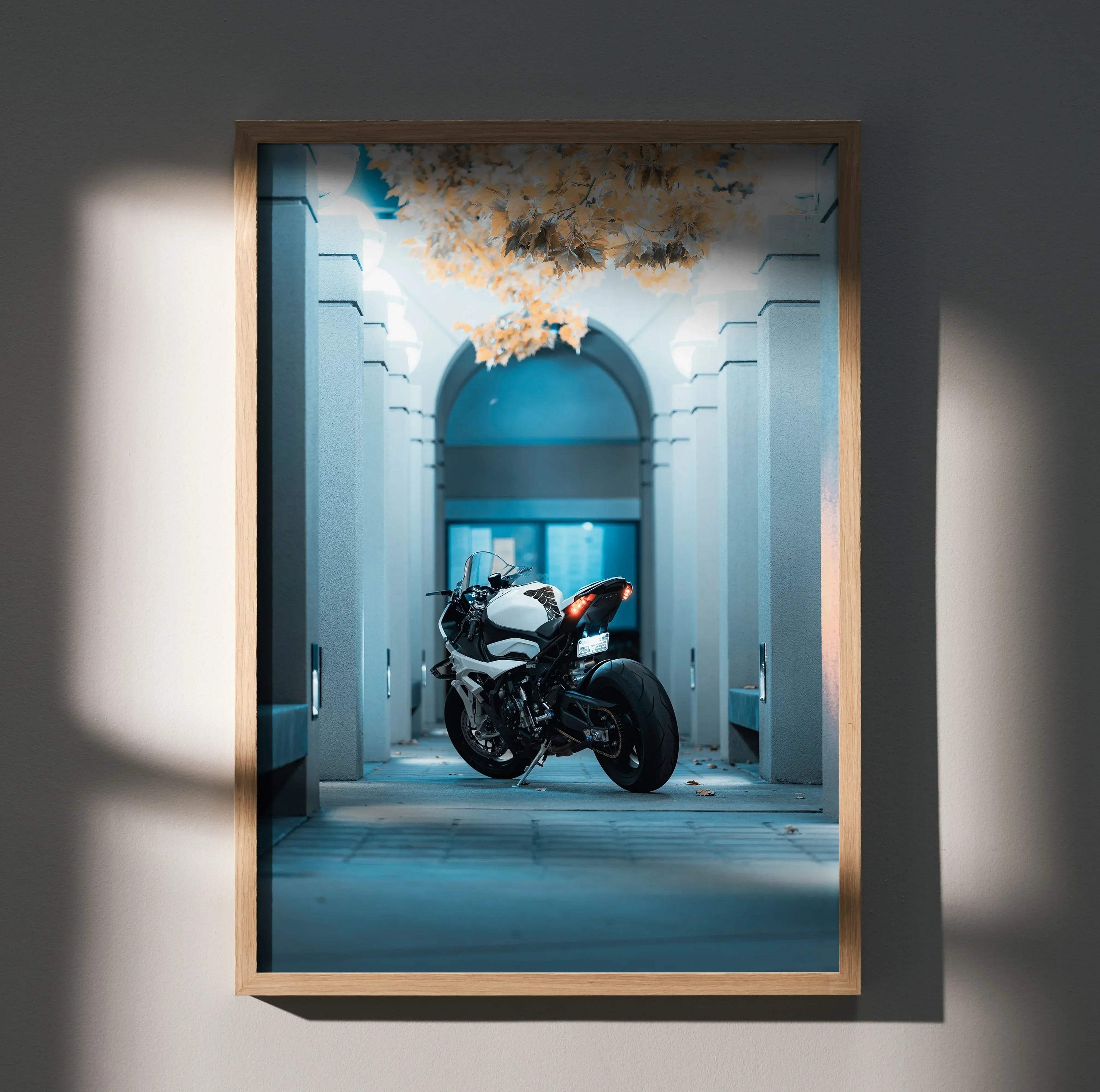 BMW S1000RR motorcycle poster with blue architectural background, modern wall art design.