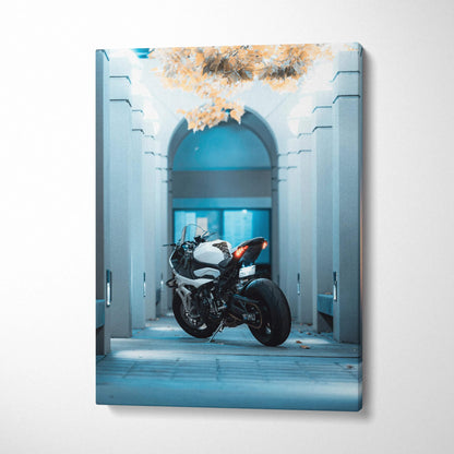Vertical canvas art featuring a BMW S1000RR motorcycle in a blue-toned architectural setting.