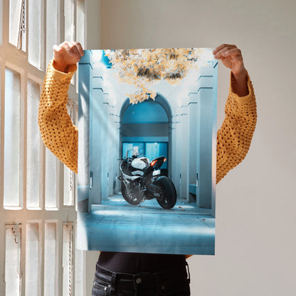 BMW S1000RR motorcycle poster with blue architectural background and golden tree wall art.