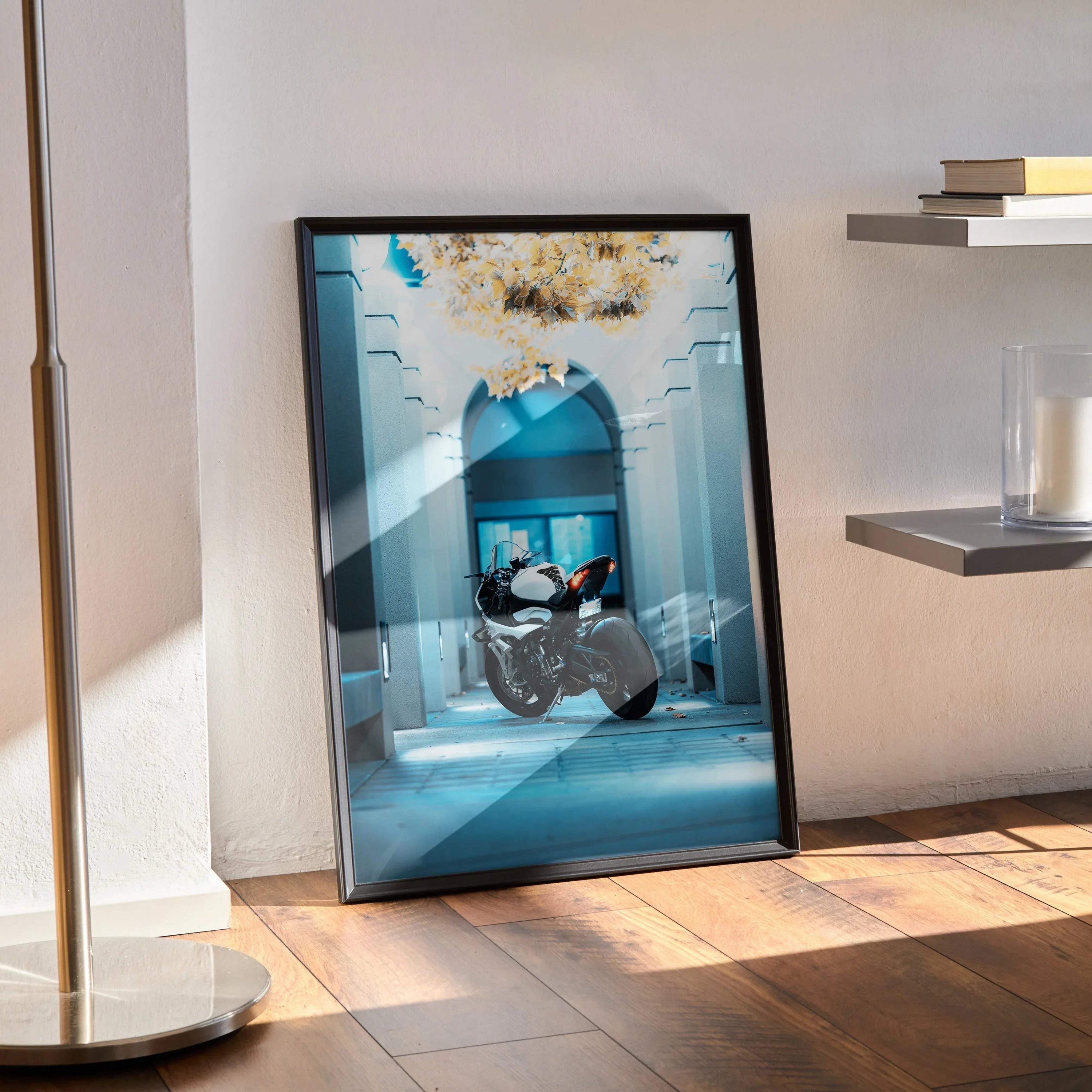BMW S1000RR motorcycle art poster with abstract blue and gold design, modern wall art in black frame.