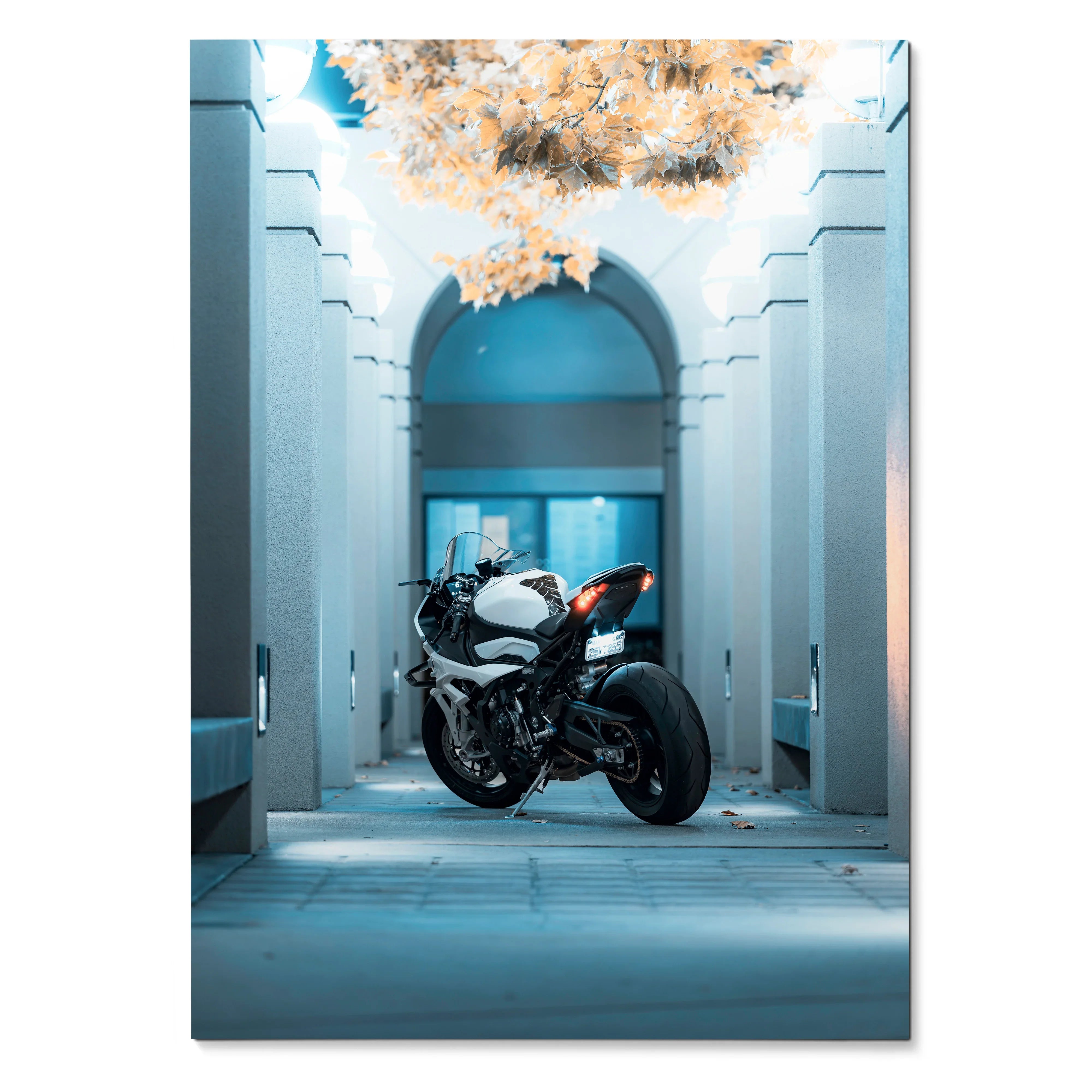 BMW S1000RR motorcycle poster with sleek black and white bike under architectural arches, wall art.