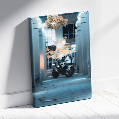 BMW S1000RR motorcycle vertical canvas wall art with cool blue tones and modern architectural background.