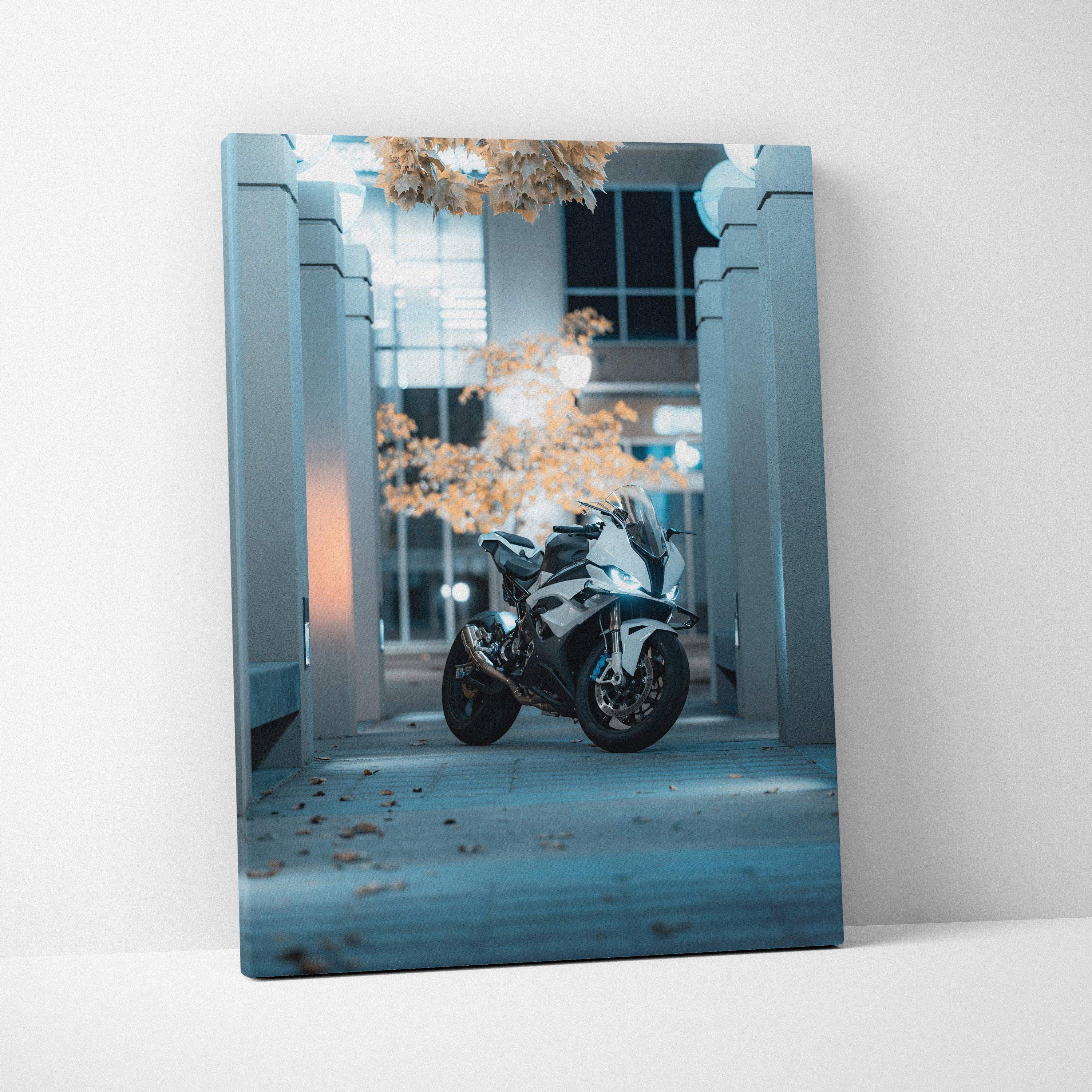BMW S1000RR motorcycle canvas art with urban architectural backdrop in cool blue tones wall art.