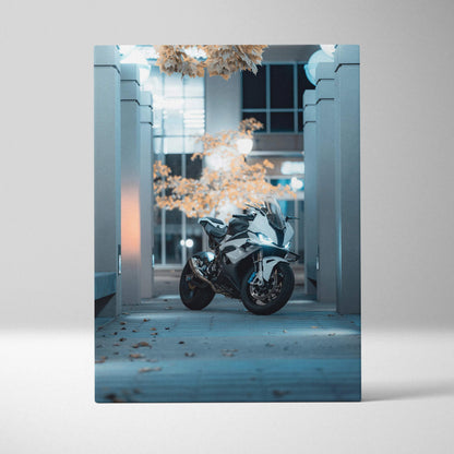 Vertical canvas art of a BMW S1000RR motorcycle in cool blue tones with architectural columns backdrop.