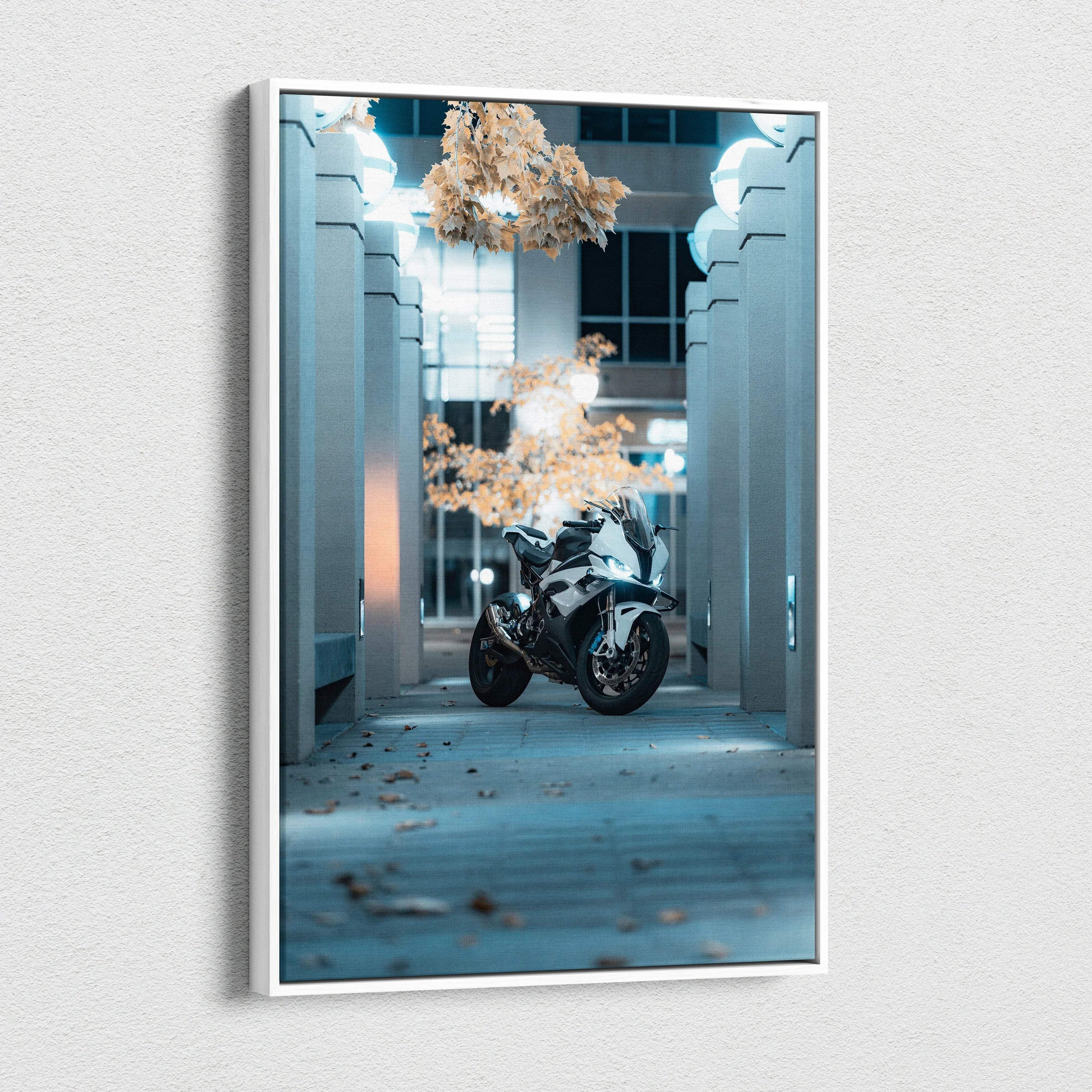 BMW S1000RR motorcycle canvas art in cool tones with architectural pillars, vertical wall art.