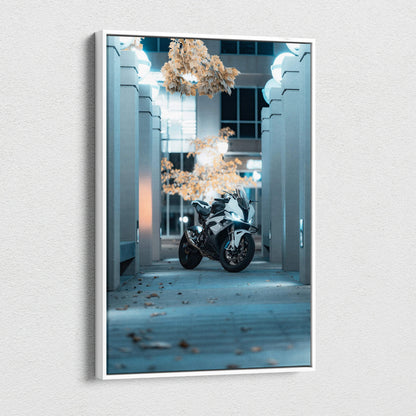 BMW S1000RR motorcycle canvas art in cool tones with architectural pillars, vertical wall art.
