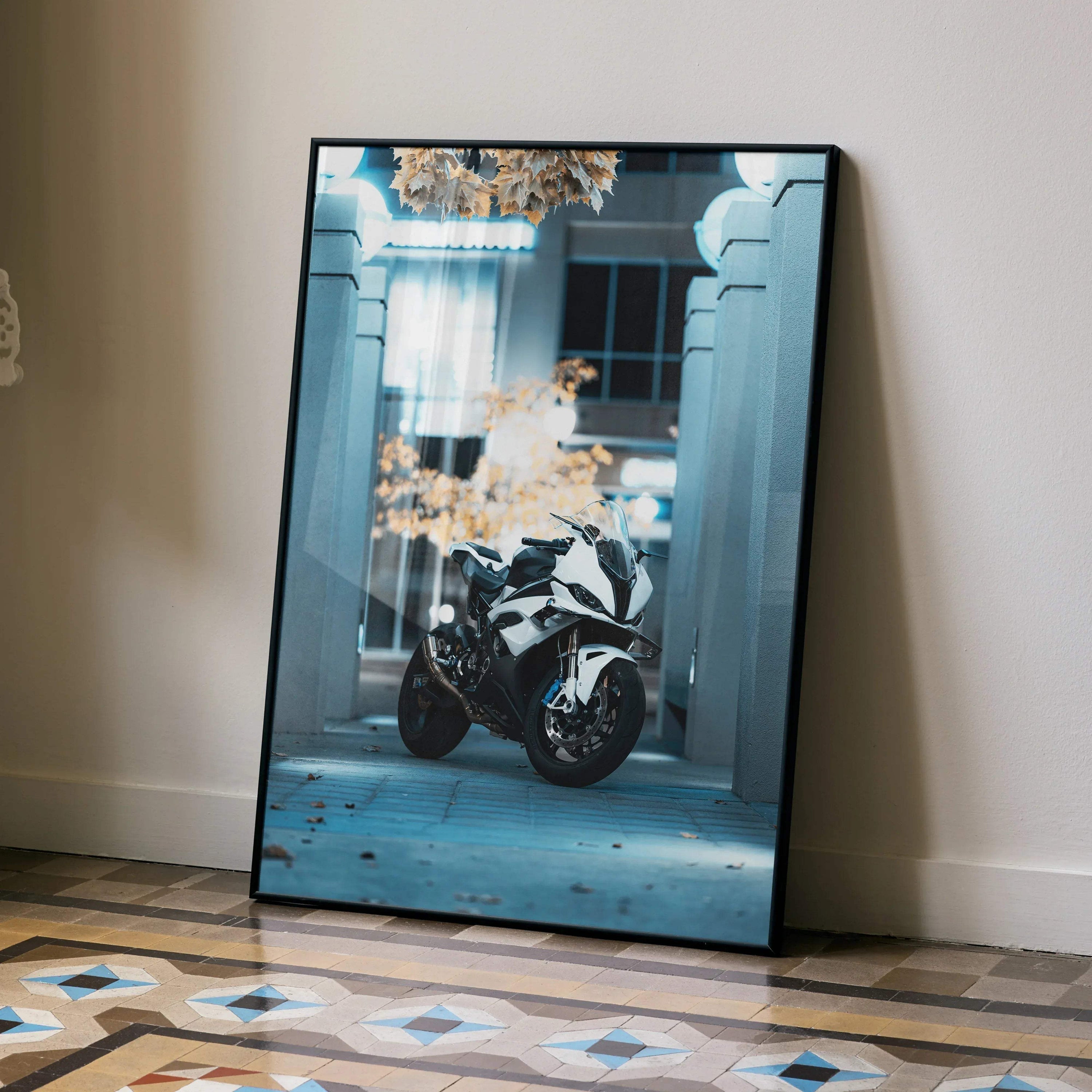 BMW S1000RR motorcycle poster with black and white racing bike against architectural background wall art.