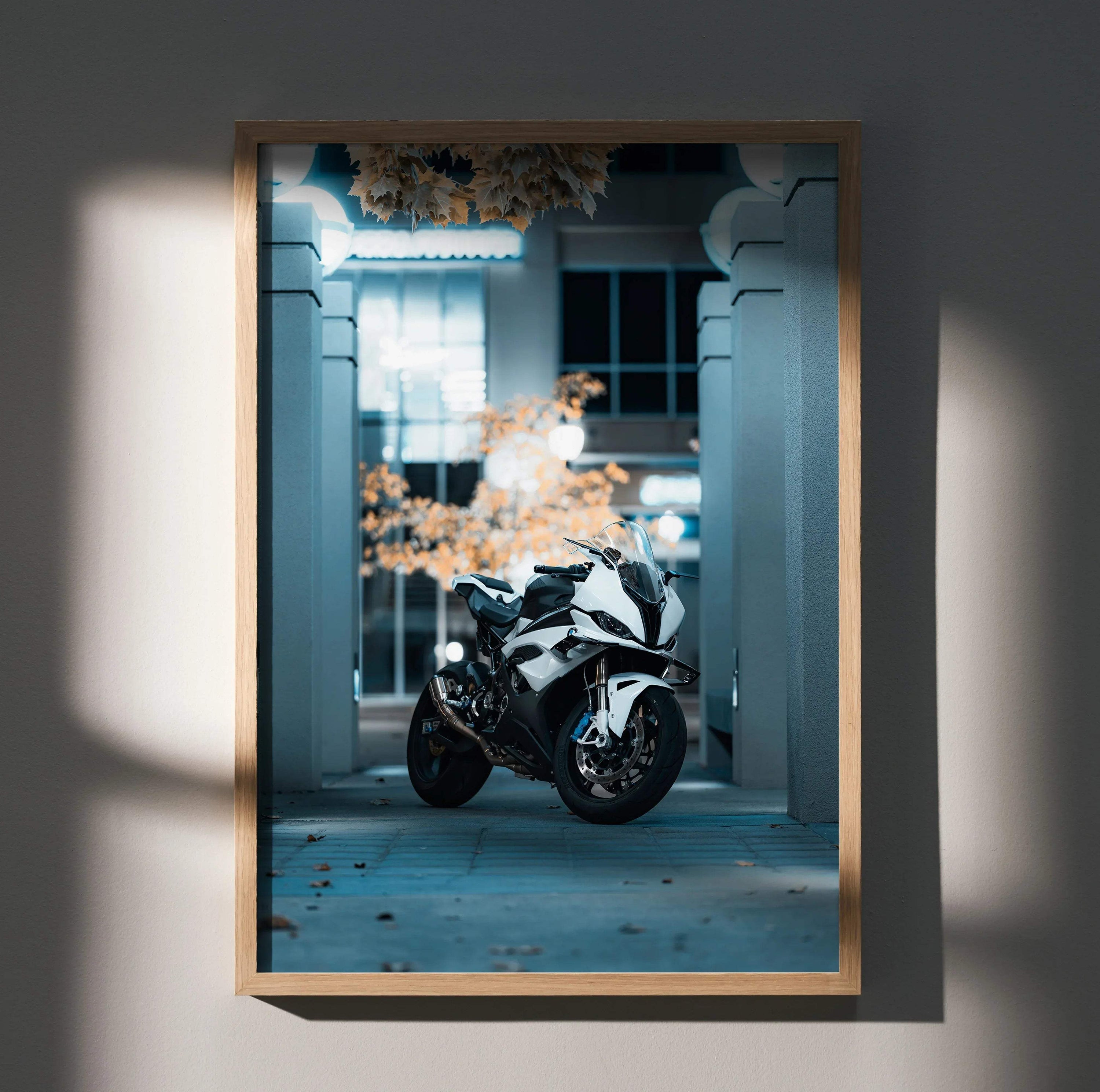 BMW S1000RR motorcycle poster featuring sleek racing design, framed wall art with cool blue tones.