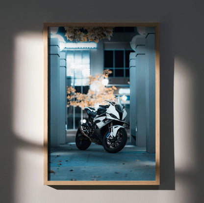 BMW S1000RR motorcycle poster featuring sleek racing design, framed wall art with cool blue tones.