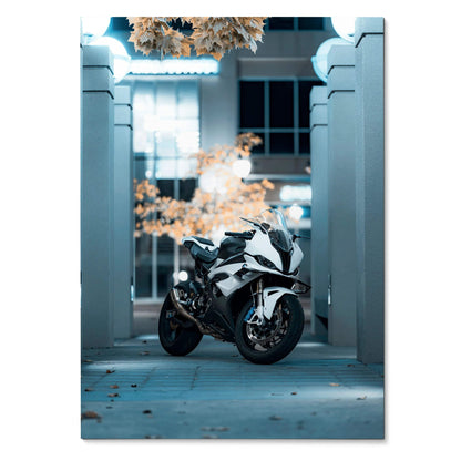 BMW S1000RR motorcycle poster in sleek black and white, stylish wall art with urban setting background.