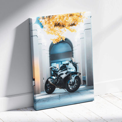 BMW S1000RR motorcycle art on vertical canvas with autumn leaves and architectural background wall art.