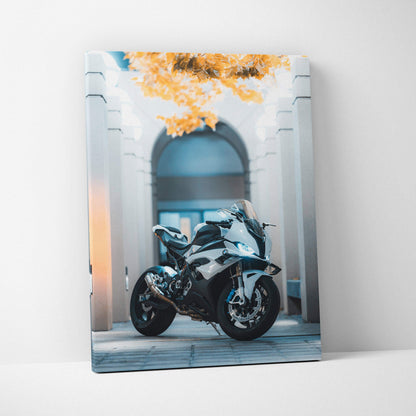 BMW S1000RR motorcycle art canvas print with architectural background and autumn leaves wall art.