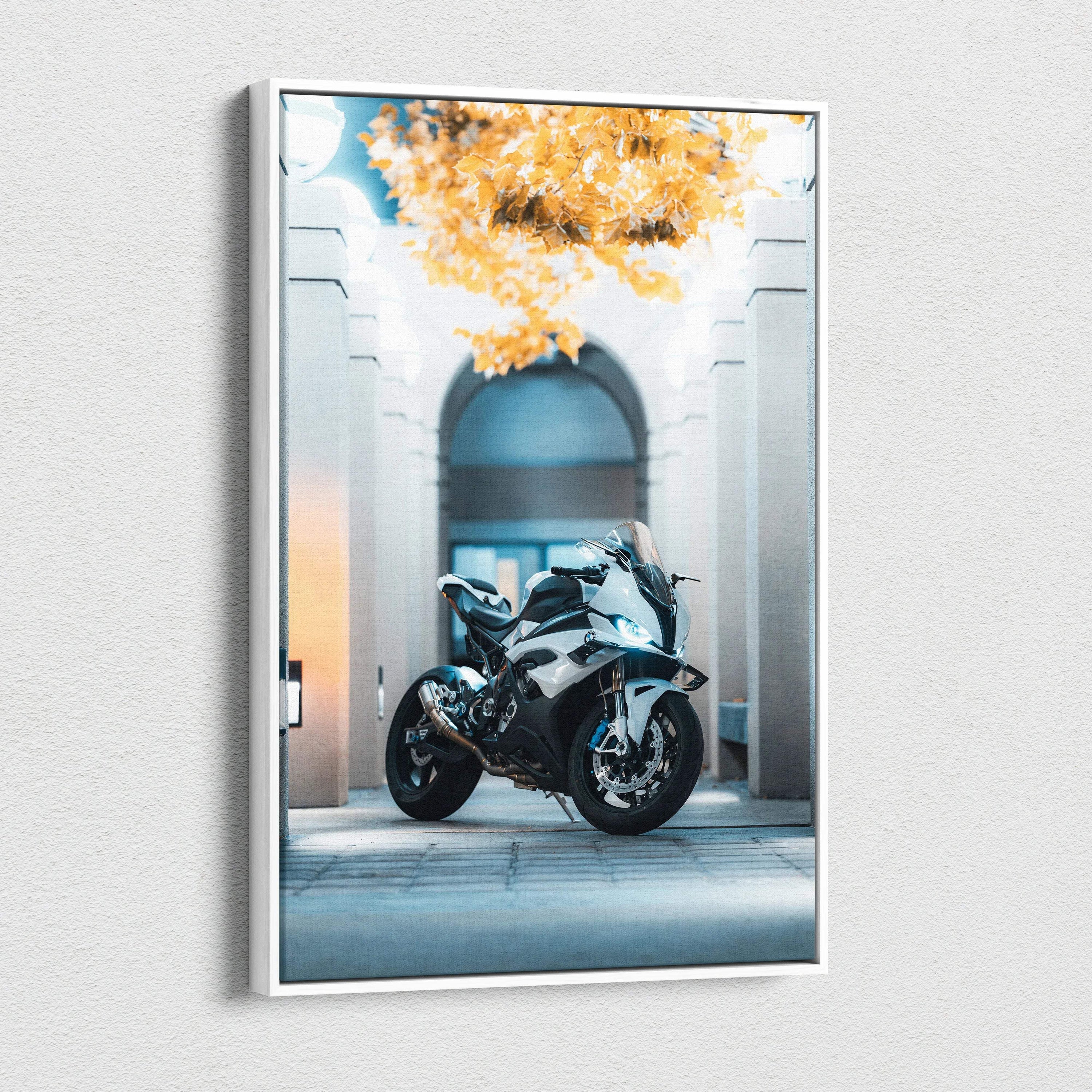BMW S1000RR motorcycle canvas wall art with high-resolution print and architectural background.