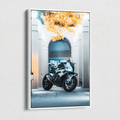 BMW S1000RR motorcycle canvas wall art with high-resolution print and architectural background.