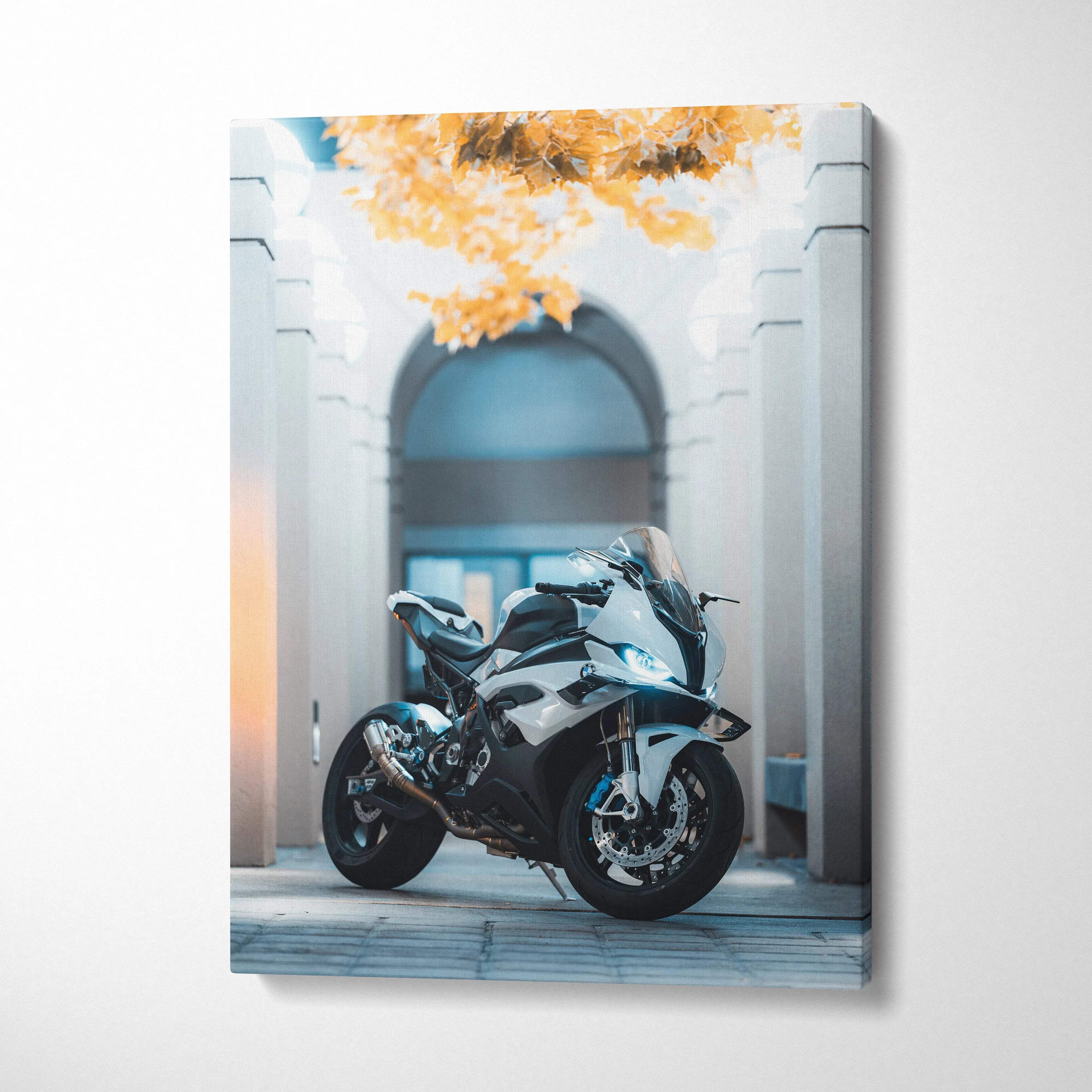 BMW S1000RR motorcycle canvas art with architectural arch backdrop in vertical wall art design.