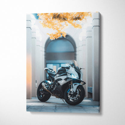 BMW S1000RR motorcycle canvas art with architectural arch backdrop in vertical wall art design.
