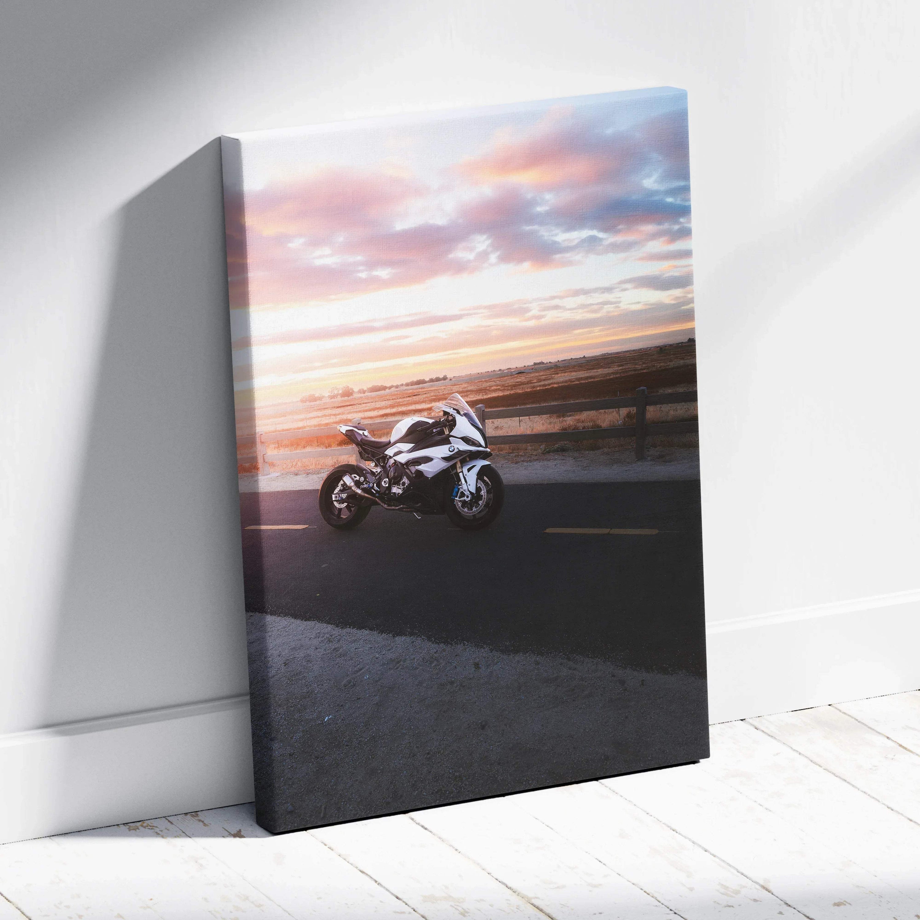 BMW S1000RR motorcycle at sunset on high-resolution vertical canvas wall art.