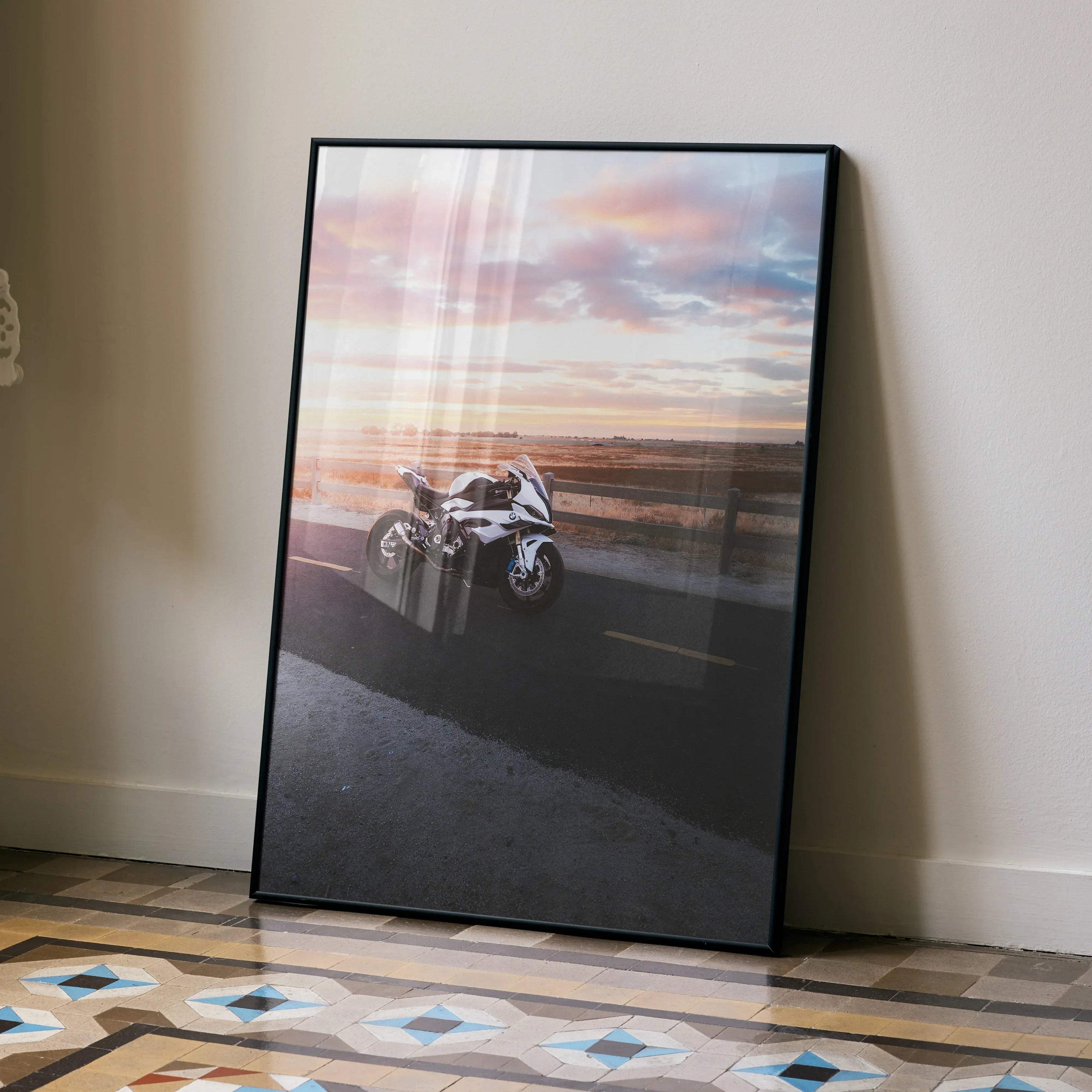 BMW S1000RR motorcycle poster with a sunset background, modern wall art in black frame.
