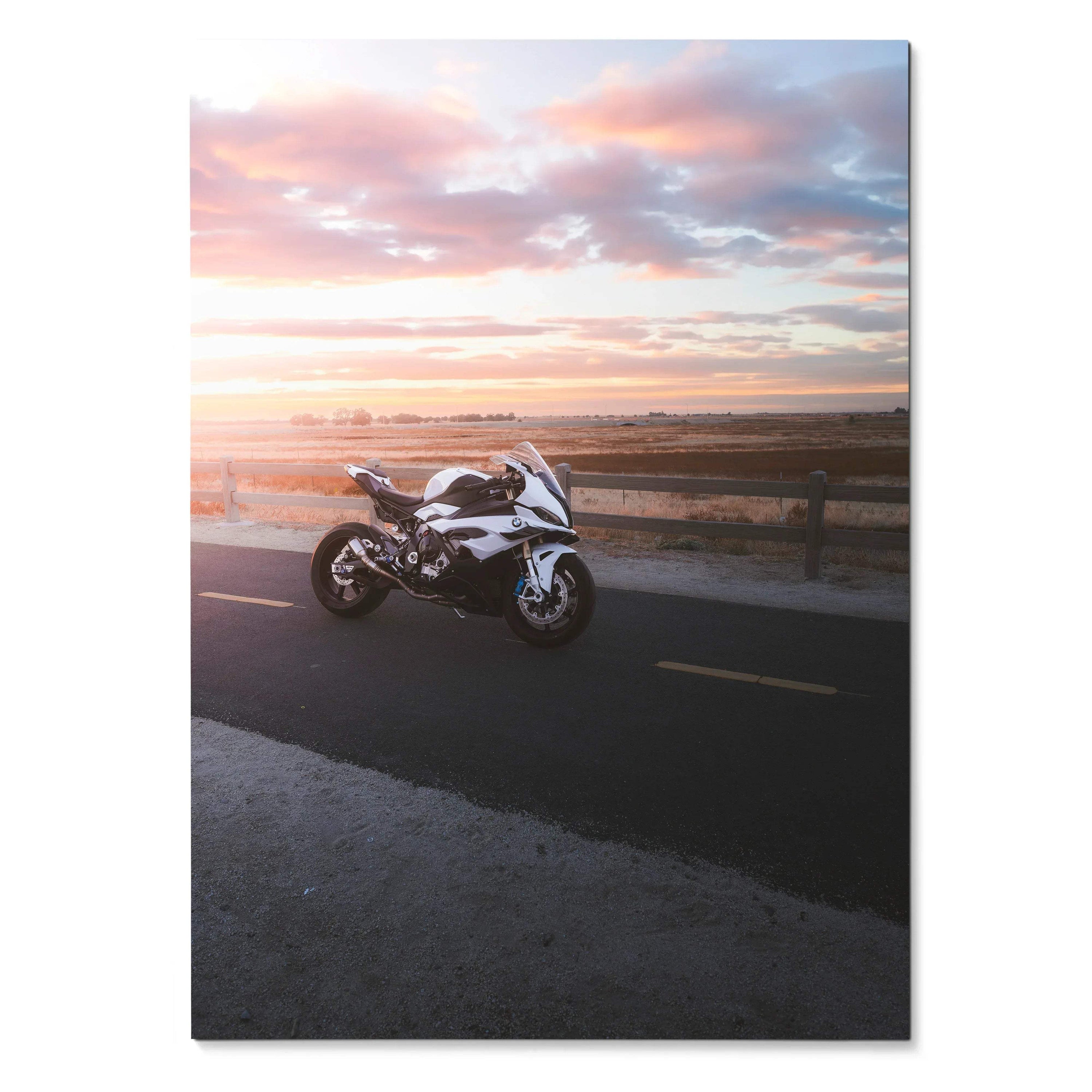 BMW S1000RR motorcycle parked on road at vibrant sunset sky poster wall art.