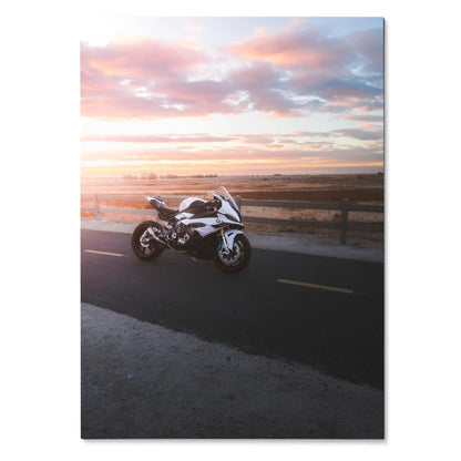 BMW S1000RR motorcycle parked on road at vibrant sunset sky poster wall art.