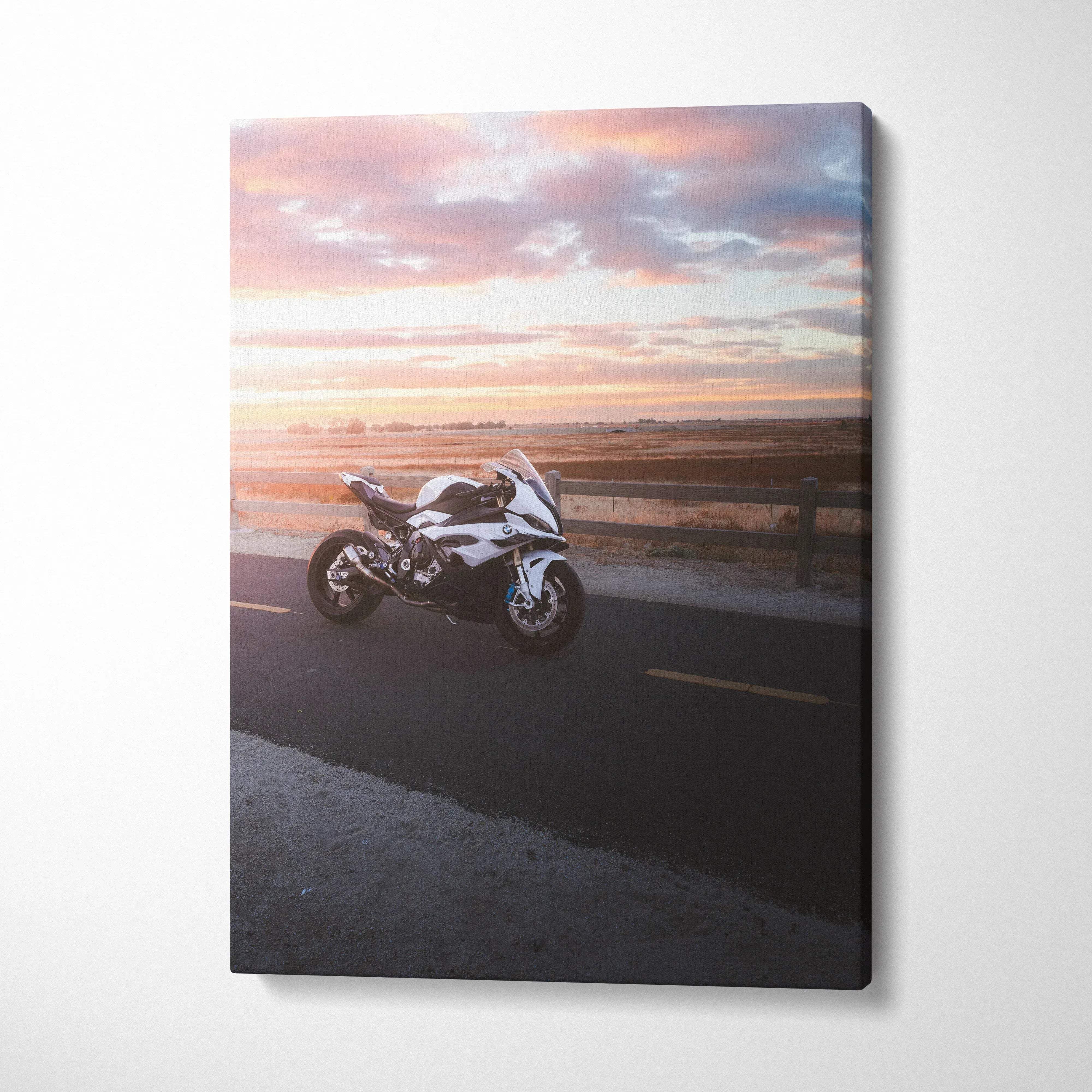 BMW S1000RR motorcycle canvas art at sunset with vibrant sky, vertical wall art print.
