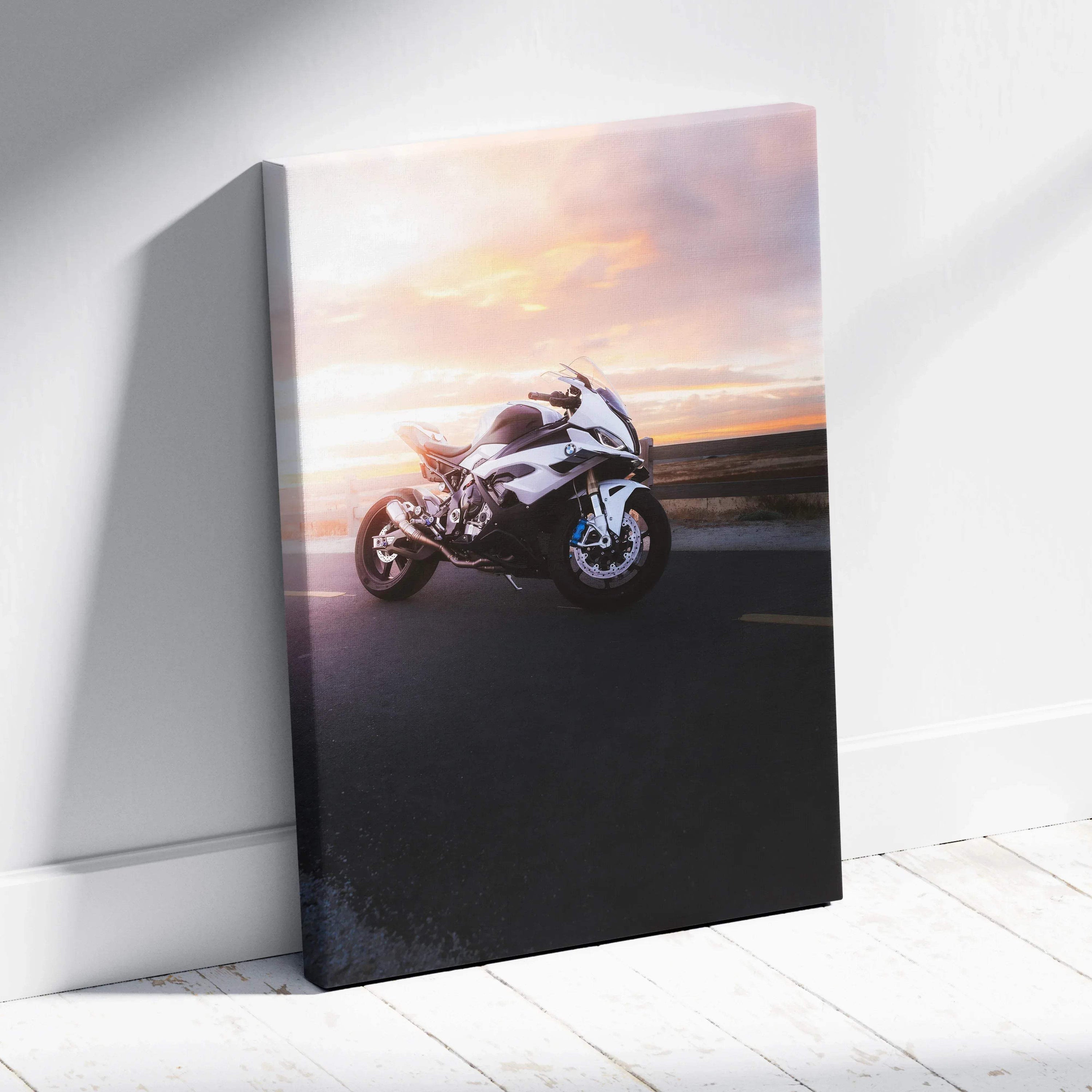 BMW S1000RR motorcycle at sunset on high-resolution vertical canvas wall art.