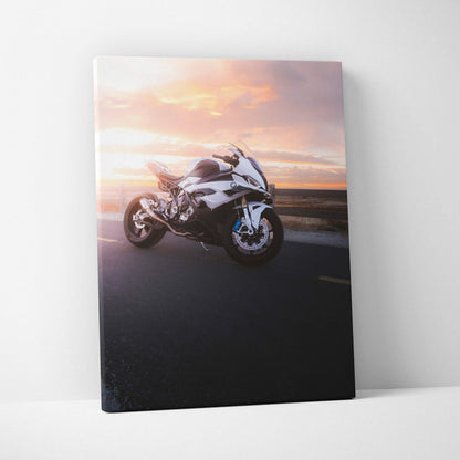 BMW S1000RR motorcycle at sunset on vertical high-resolution canvas wall art.