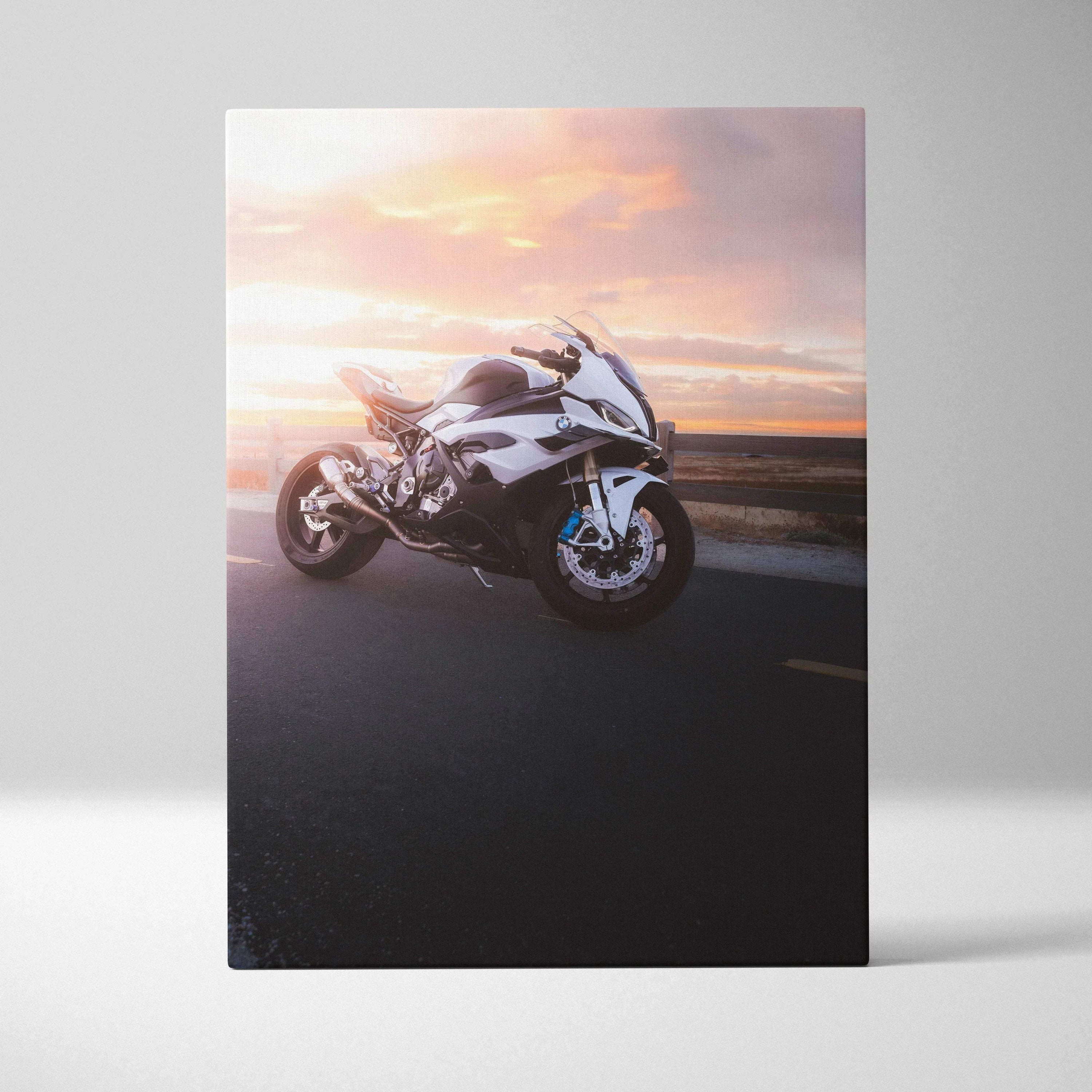 BMW S1000RR motorcycle on road at sunset with vibrant sky, vertical canvas wall art.