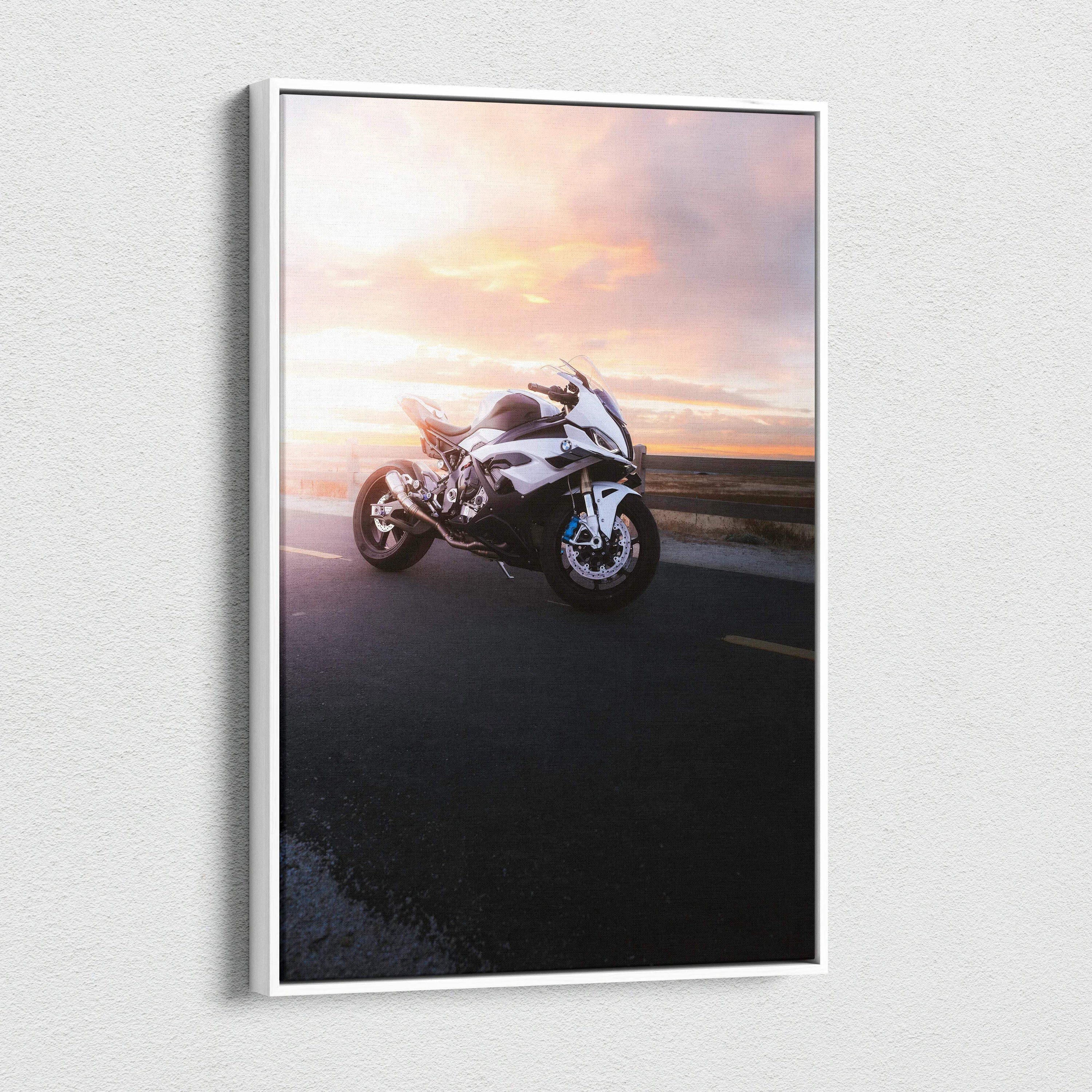 BMW S1000RR motorcycle against a colorful sunset on vertical canvas wall art.