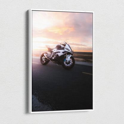BMW S1000RR motorcycle against a colorful sunset on vertical canvas wall art.