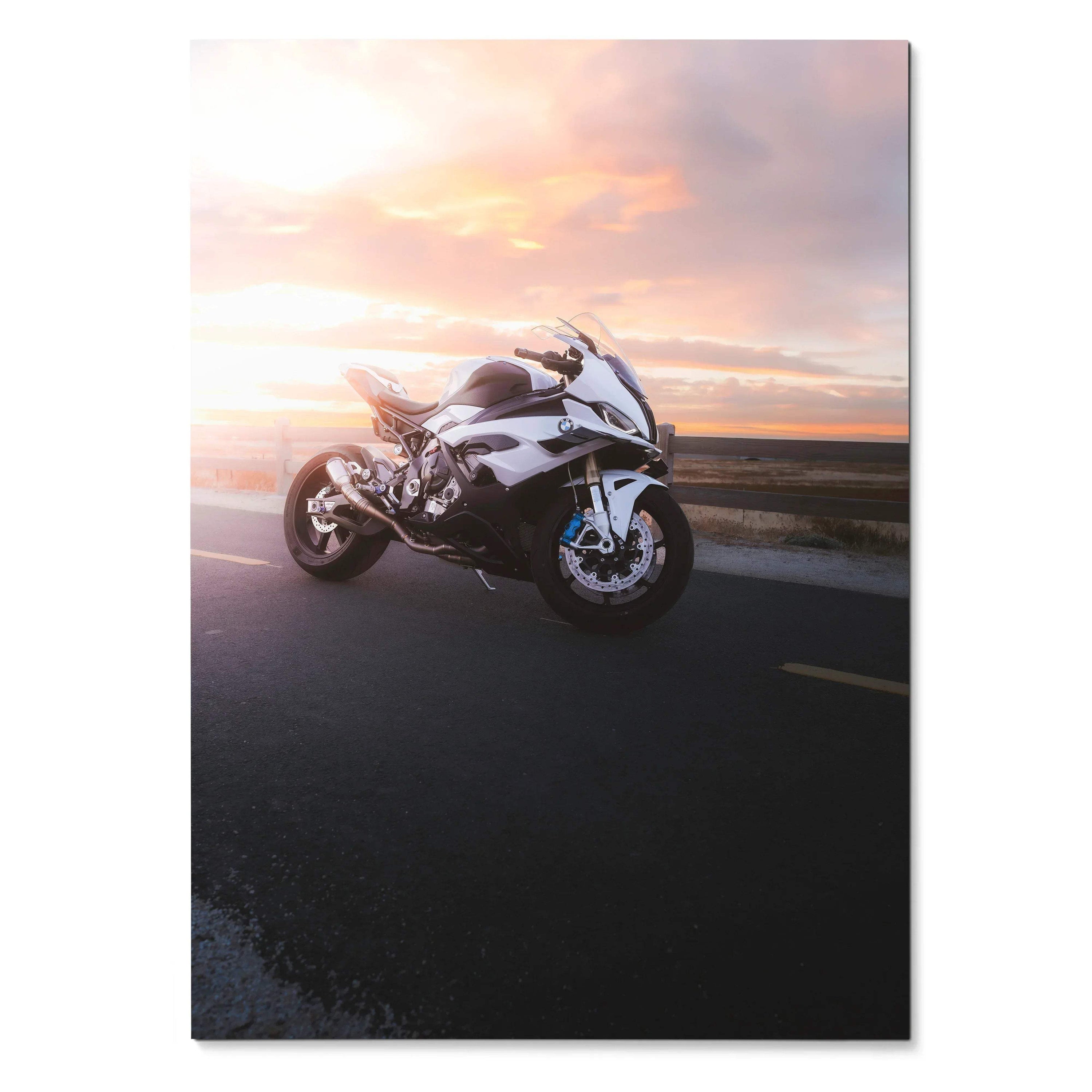 BMW S1000RR motorcycle poster with sunset background, sleek design wall art decor.