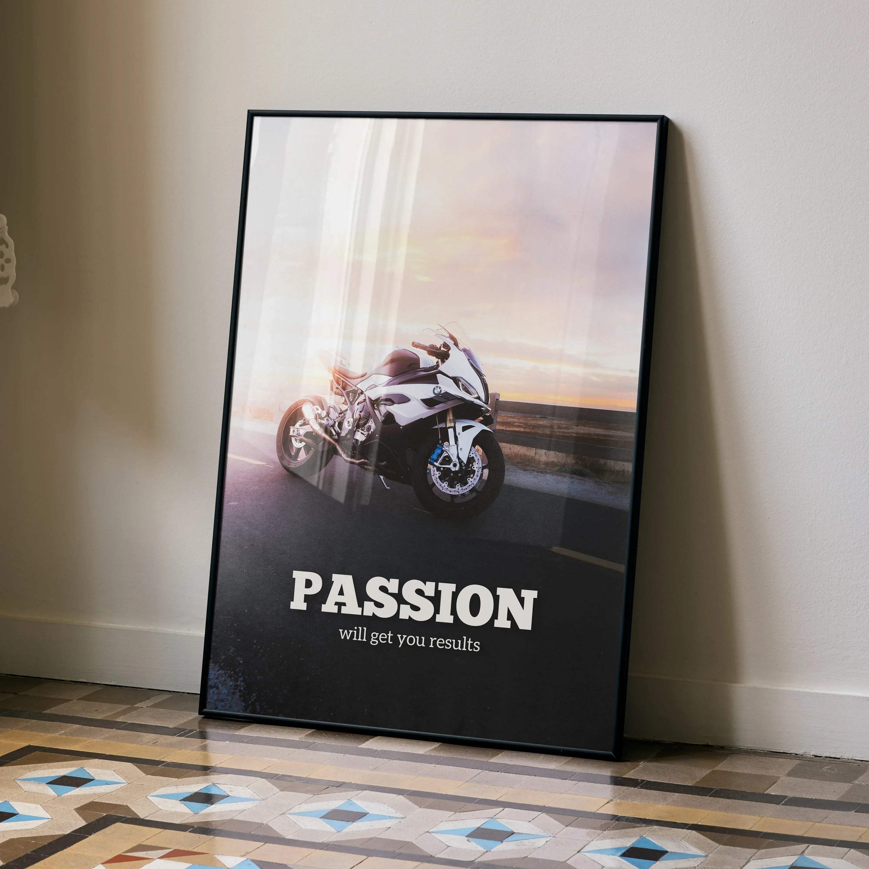 Motivational poster with BMW S1000RR motorcycle and "Passion will get you results" text wall art.
